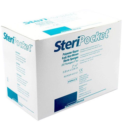 SteriPocket Non-Woven Rayon/Poly Sponges, 2" x 2", 8-Ply, Sterile, 2 Sponges/Pak, 200 Paks/Box