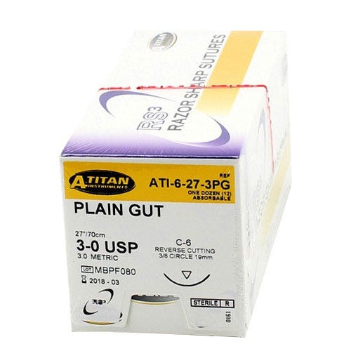 Plain Gut Sutures, 3-0, C-6, Reverse Cutting, 27"