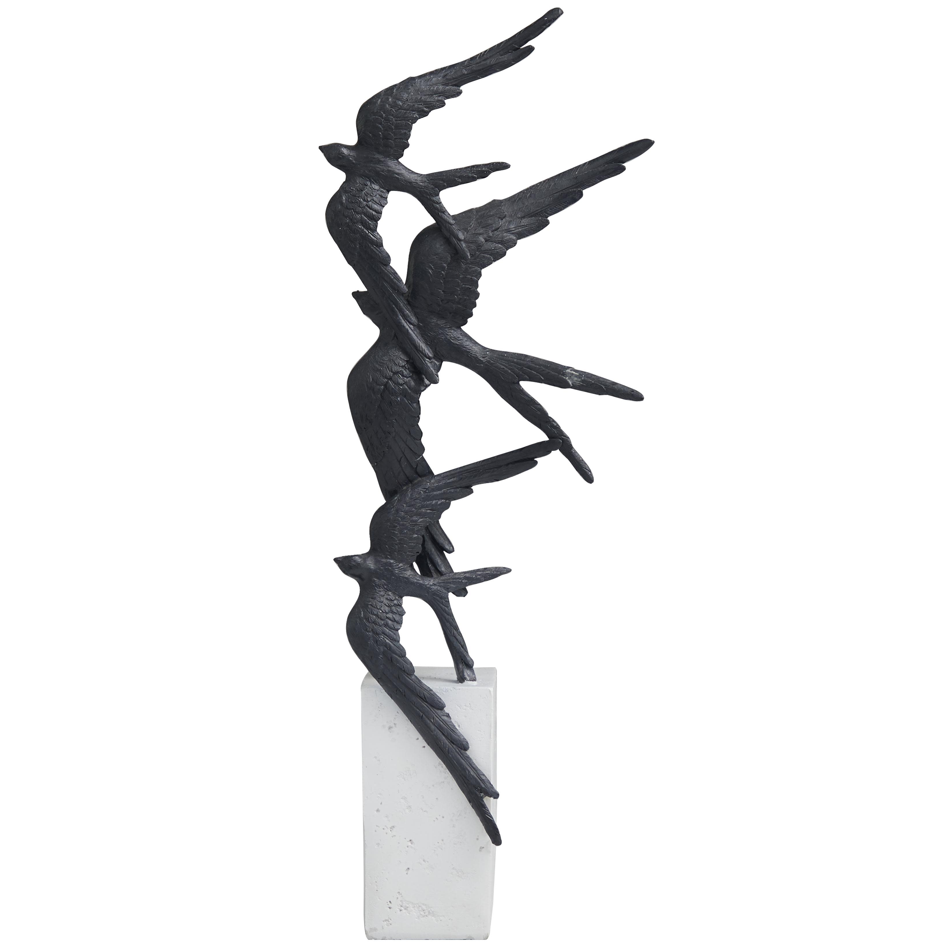 Black Polystone Bird Flying Decorative Sculpture with White Block Base, 8" x 4" x 21"