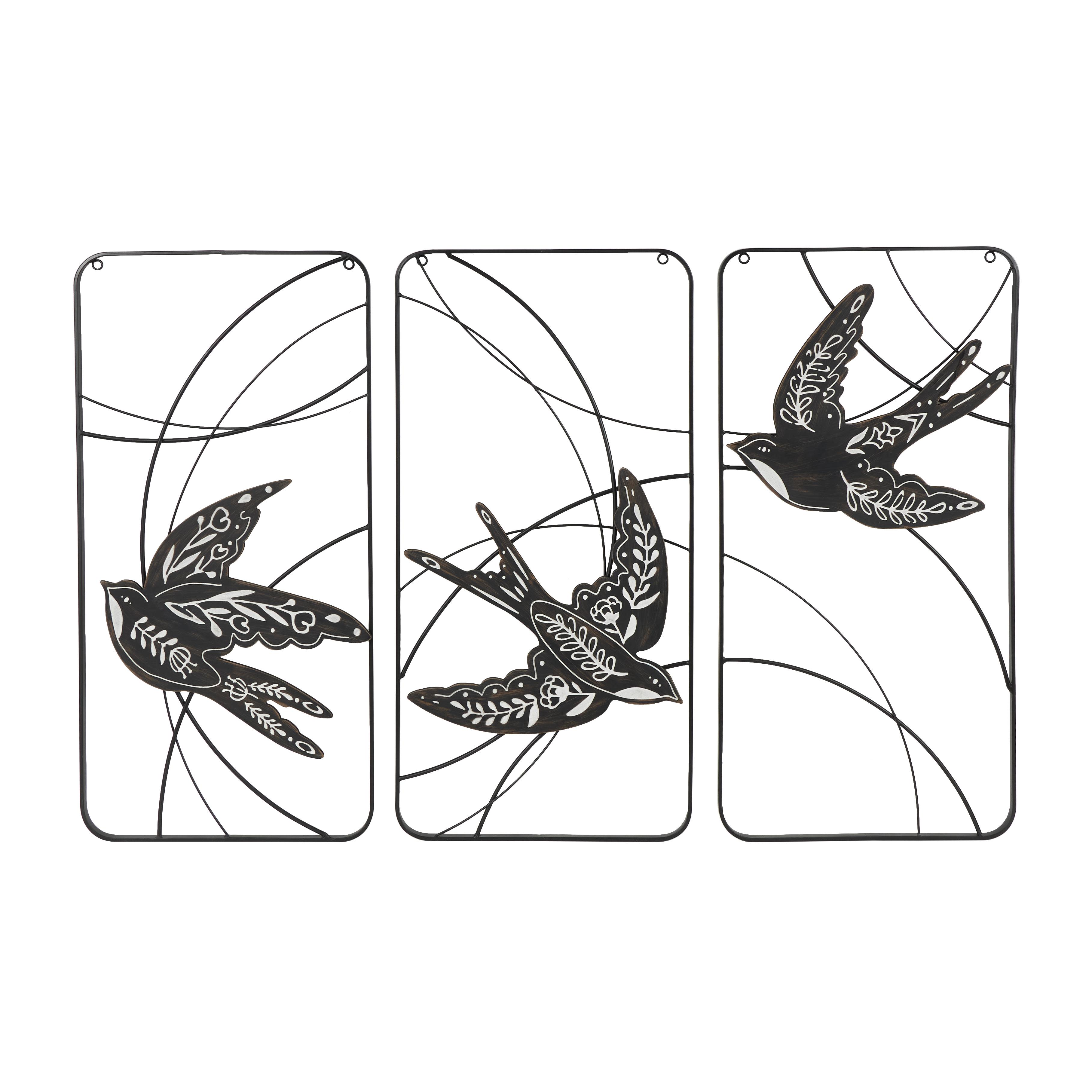 Black Metal Bird Open Frame Wire Home Wall Decor with White Floral Patterns, Set of 3 16"W, 32"H