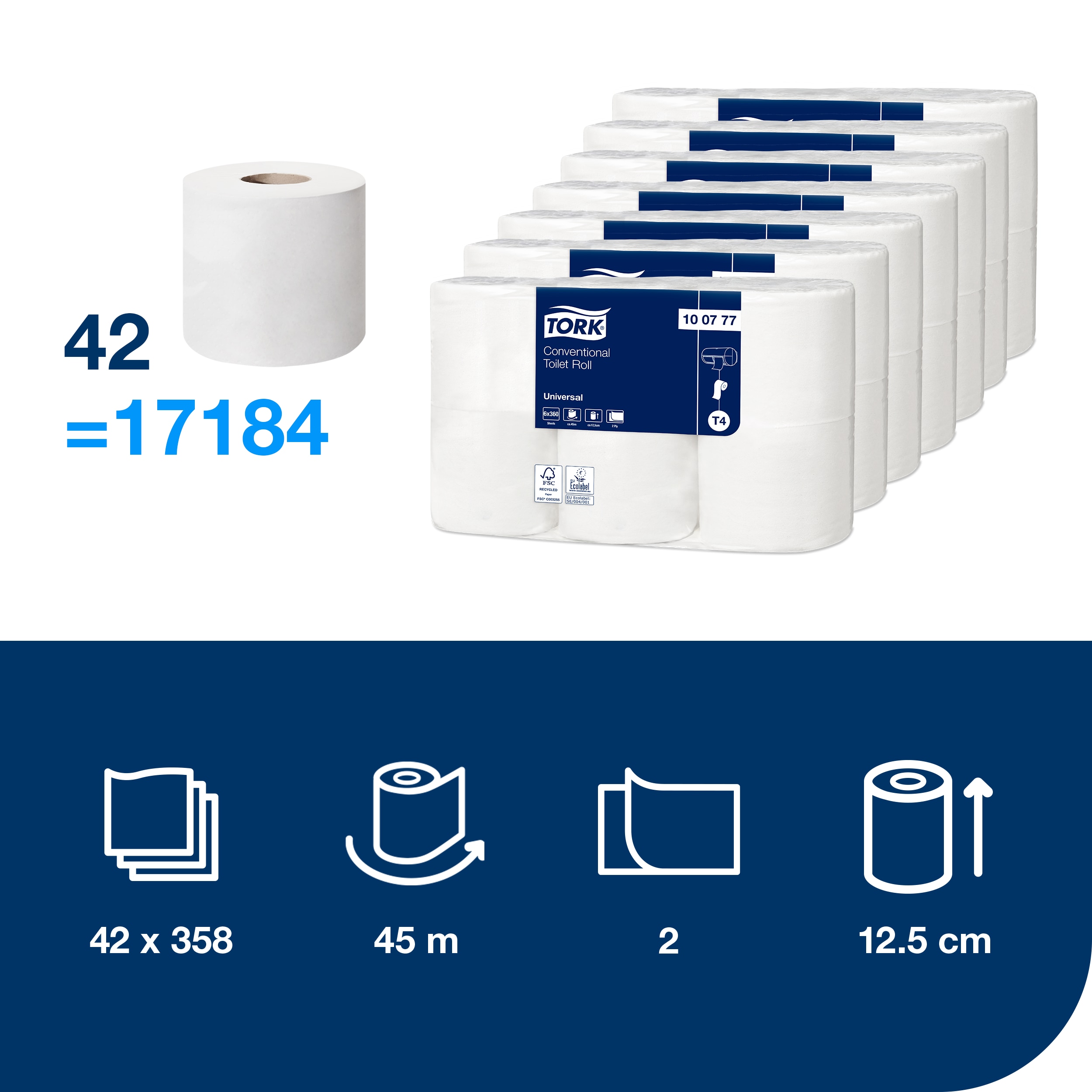 Toiletpapir, Udvendig oprulning, 2 lag, 42 ruller, Tork Universal T4