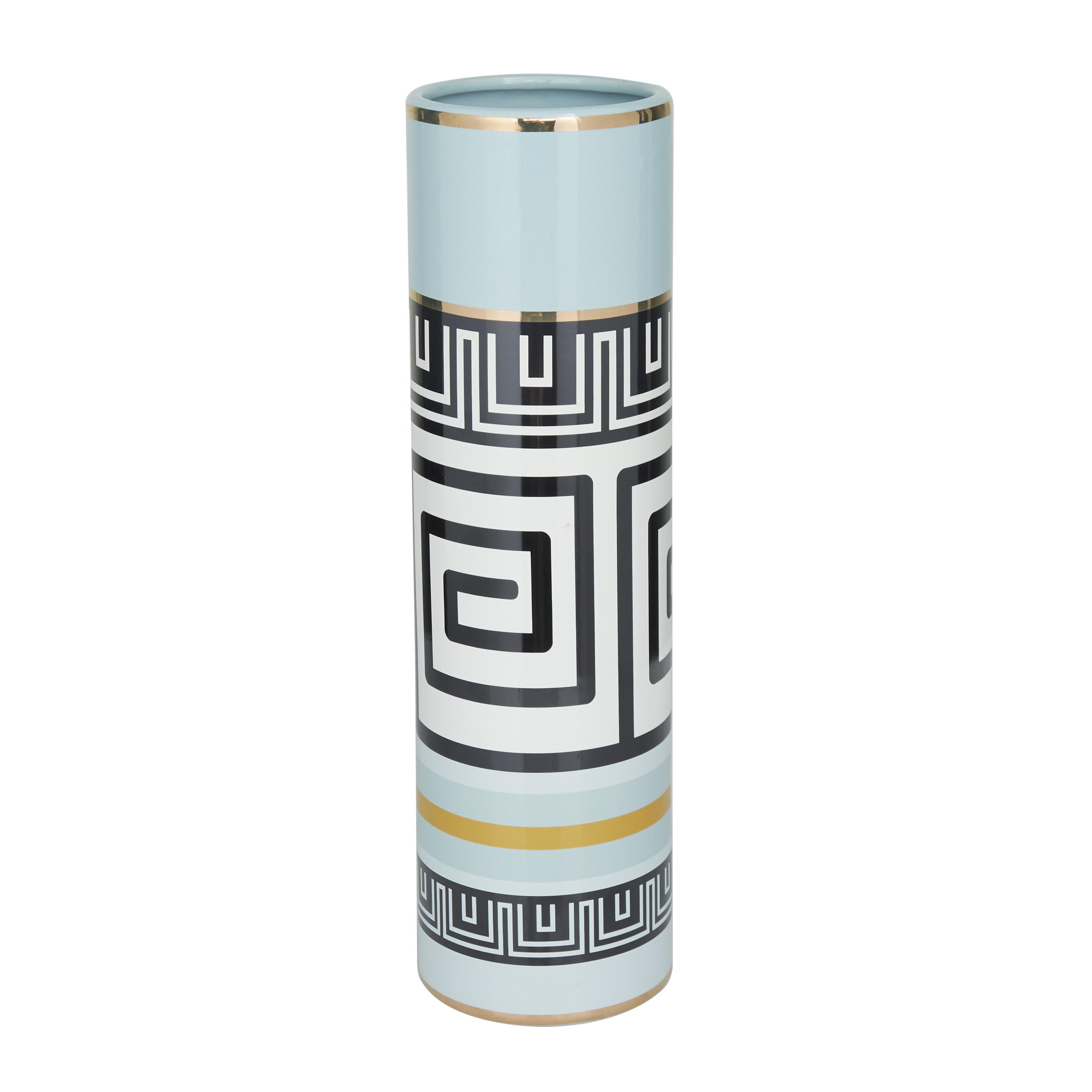 Teal Ceramic  Decorative Vase with Greek Knot Pattern, 5" x 5" x 18"