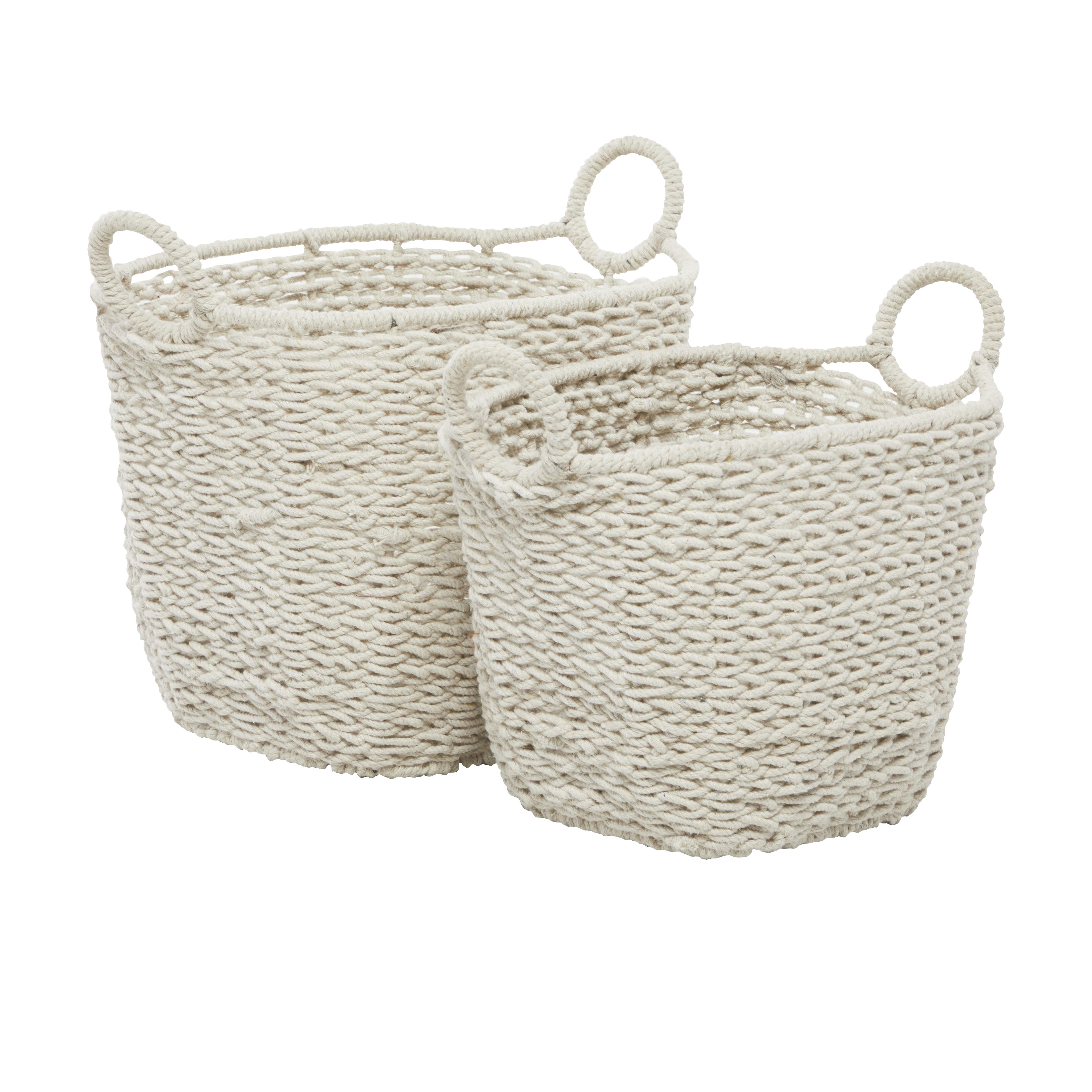 CosmoLiving by Cosmopolitan White Cotton Fabric  Handmade Decorative and Functional Storage Basket with Handles, Set of 2 16", 18"H