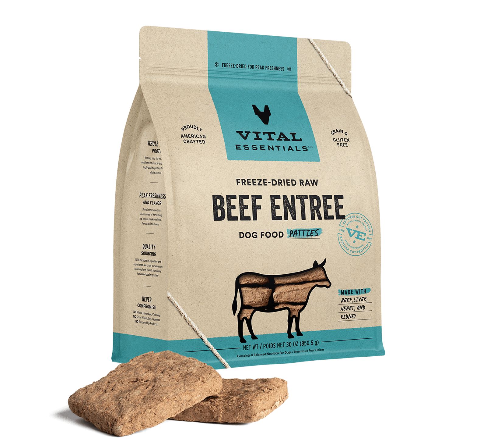Vital Essentials Freeze-Dried Raw Beef Entree Dog Food Patties, 30 oz - Healing/First Aid