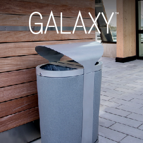 double stream metal and plastic outdoor bin for recycling and waste collection sitting outside at a private community club house