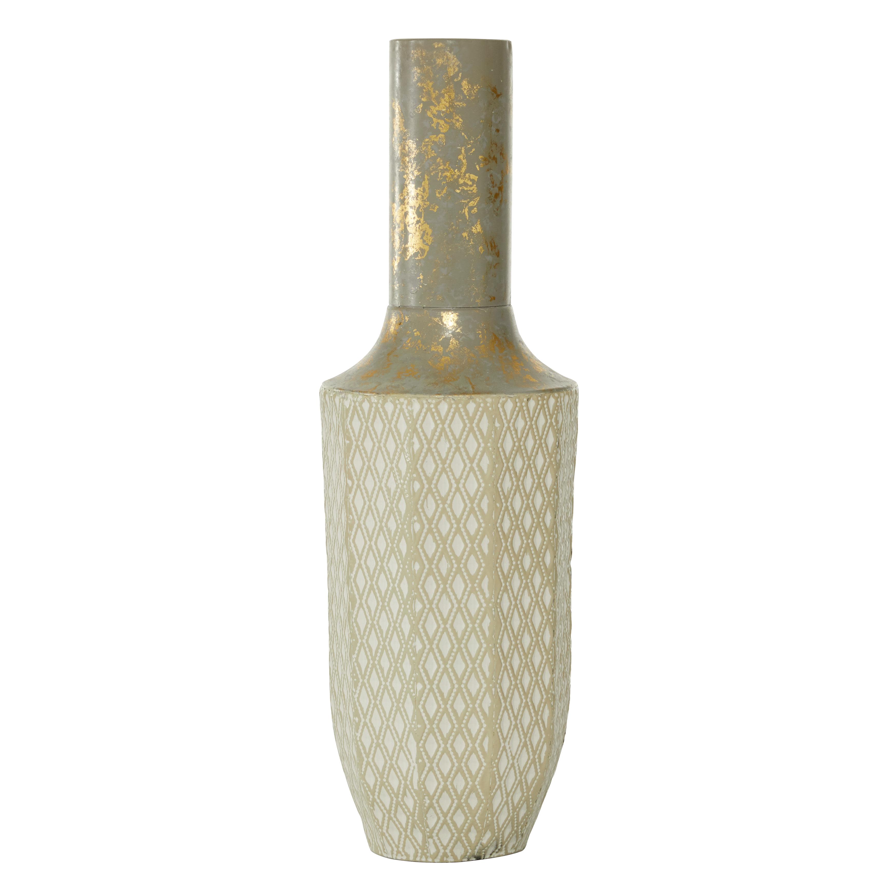 SET OF 2 Country Cottage Patterned White Metal Lekythos Vase, 6\"L, 6\"W, 20\"H