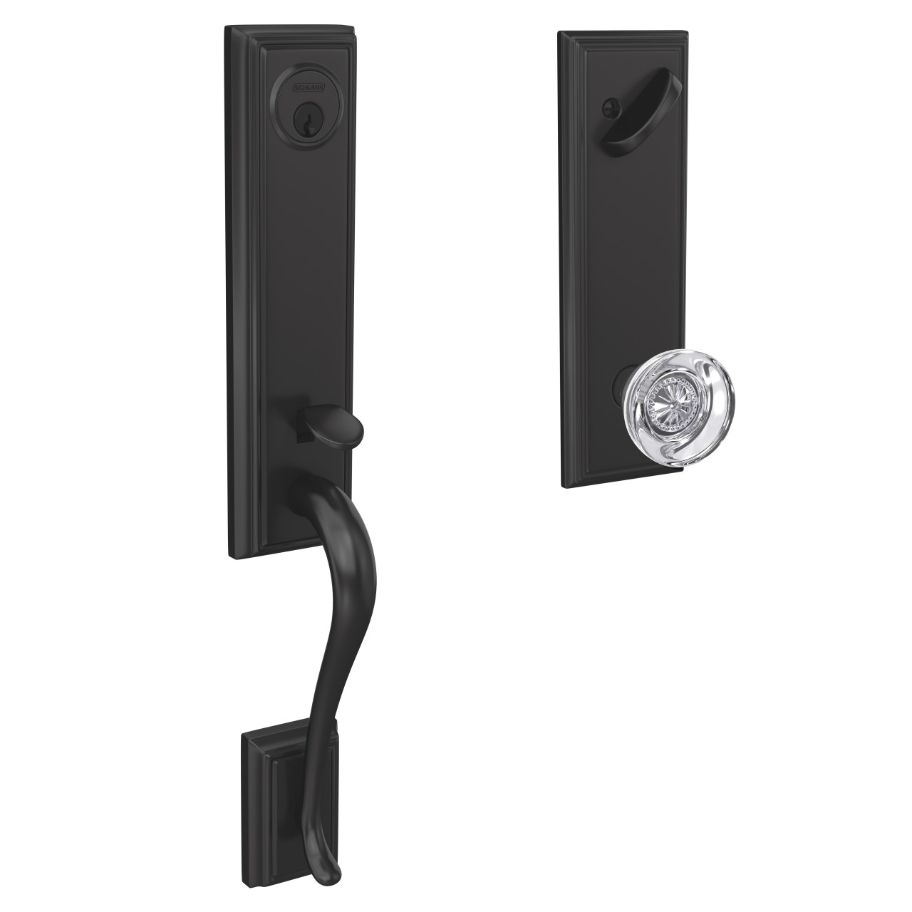Custom 3/4 Trim Single Cylinder Handleset and Hobson Glass Knob with Addison Trim