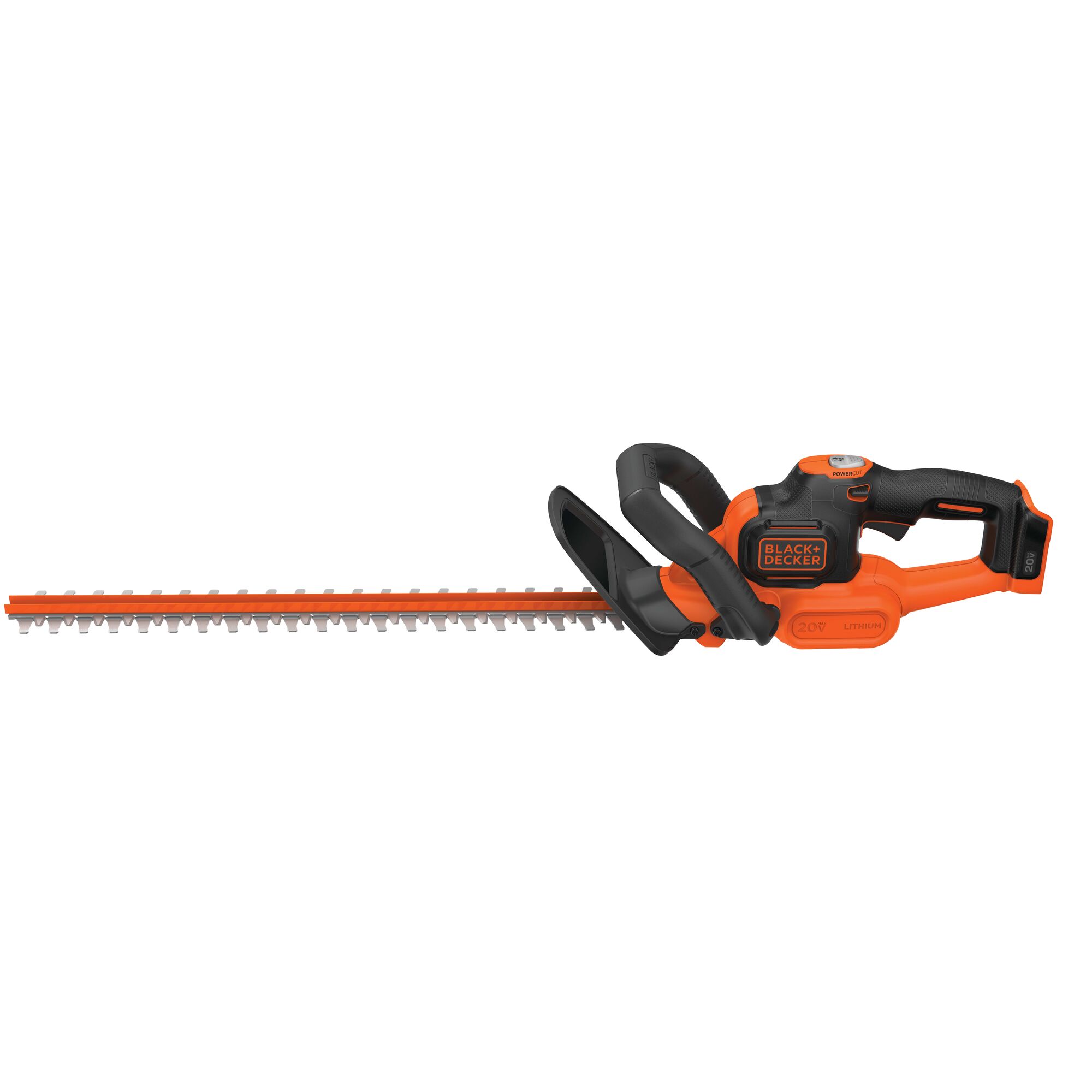 Profile of 20 Volt Max Powercut Hedge Trimmer on white background.