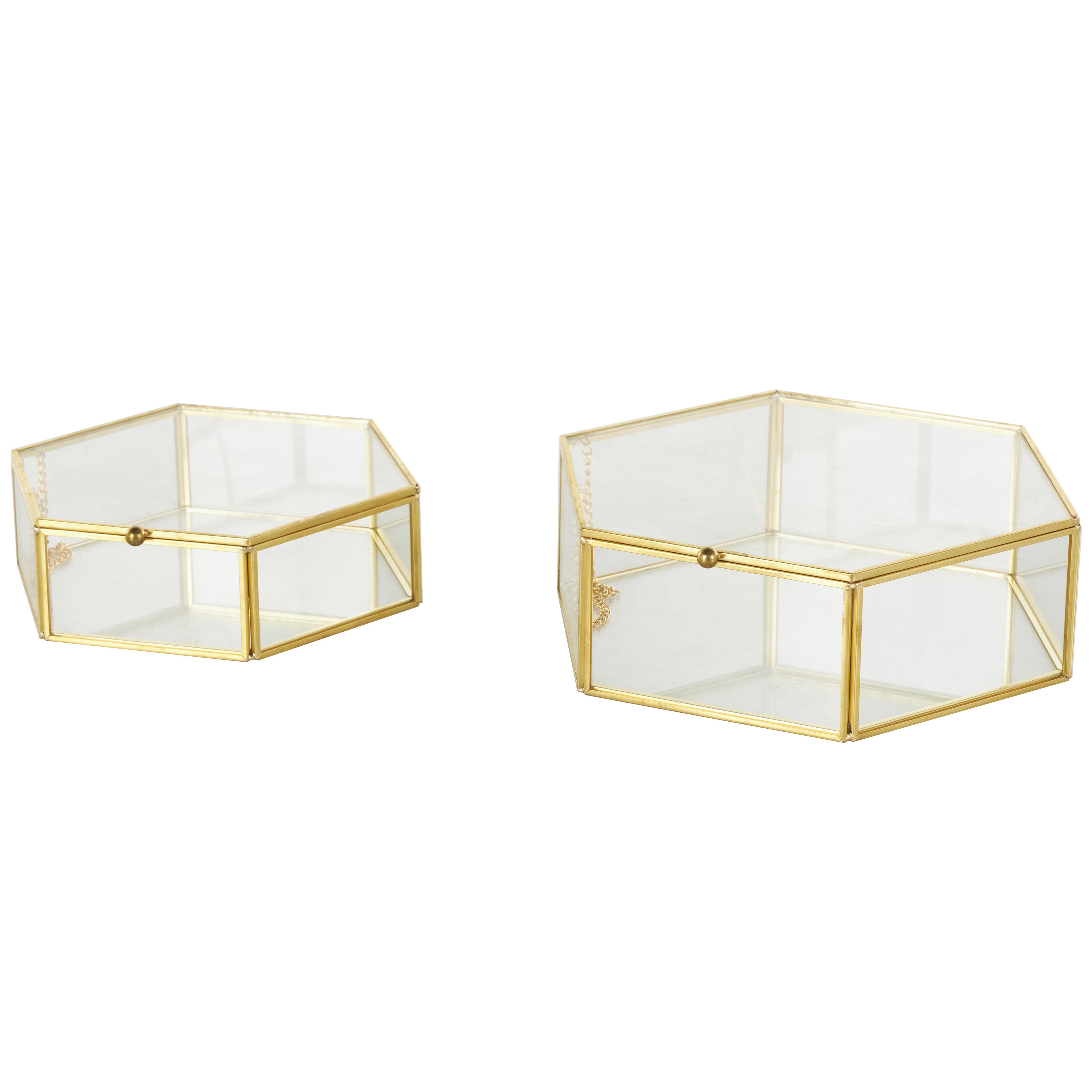Clear Glass Geometric Hexagon Decorative Jewelry Box with Gold Metal Frame and Chain Accent, Set of 2 8", 7"W