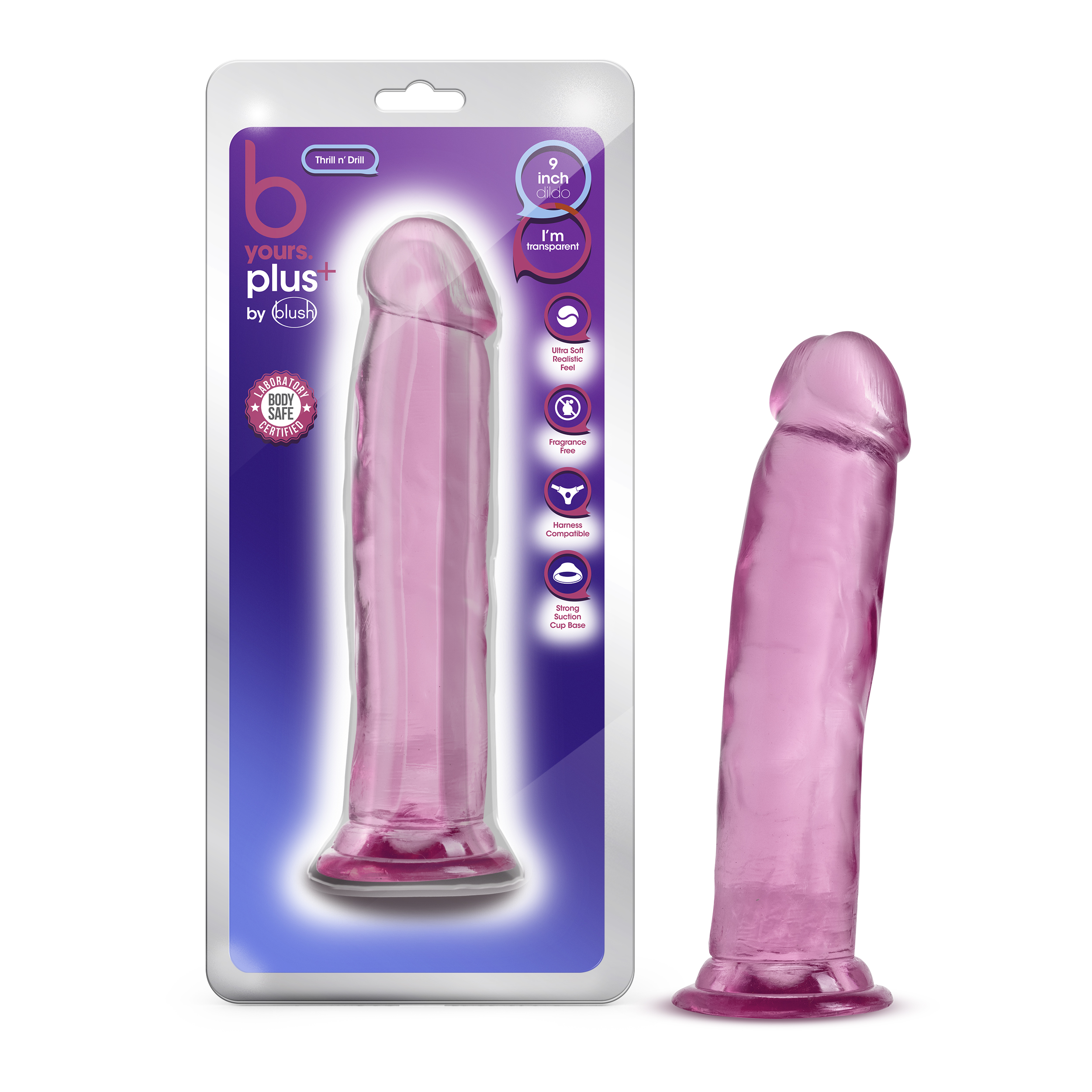 Blush B Yours Plus Thrill N? Drill Realistic Pink 9.5-Inch Long Dildo With Suction Cup Base