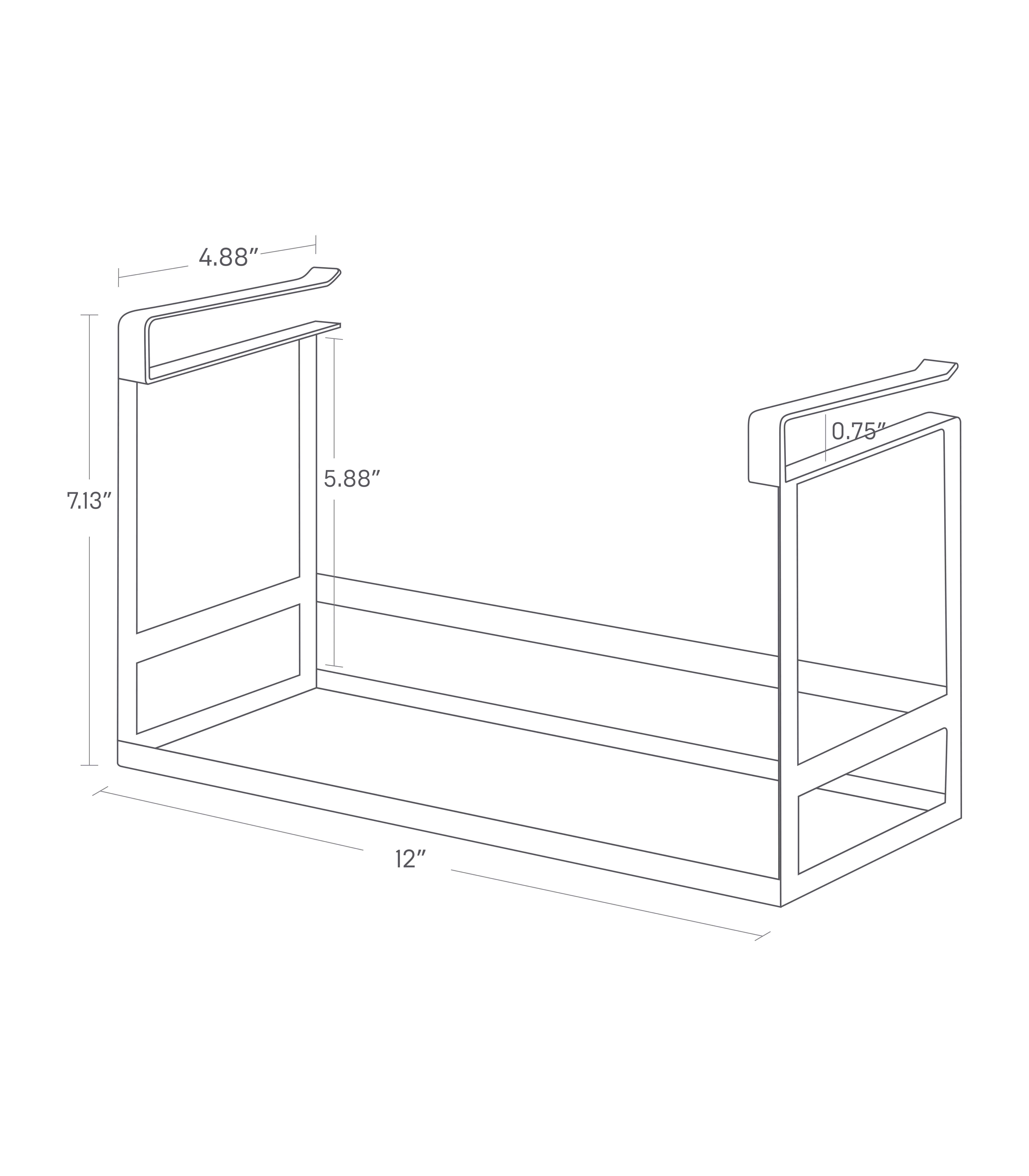 Dimension image for Undershelf Organizer showing length of 12", width of 4.88" and height of 7.13"