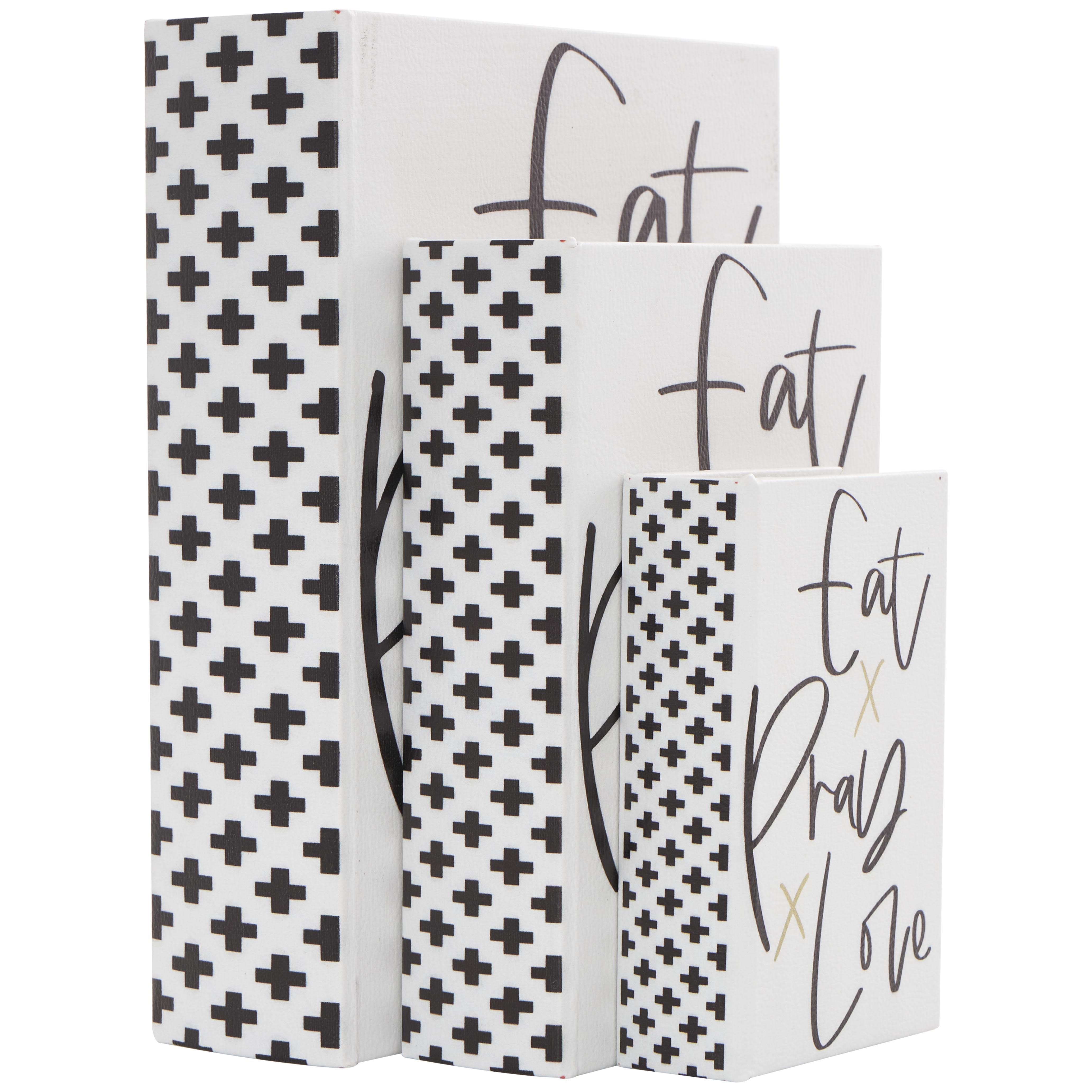 White Faux Leather  "Eat, Pray, Love" Faux Book Storage Decorative Box with Black Checkered Spine and Gold Accents, Set of 3 11", 8", 6"H