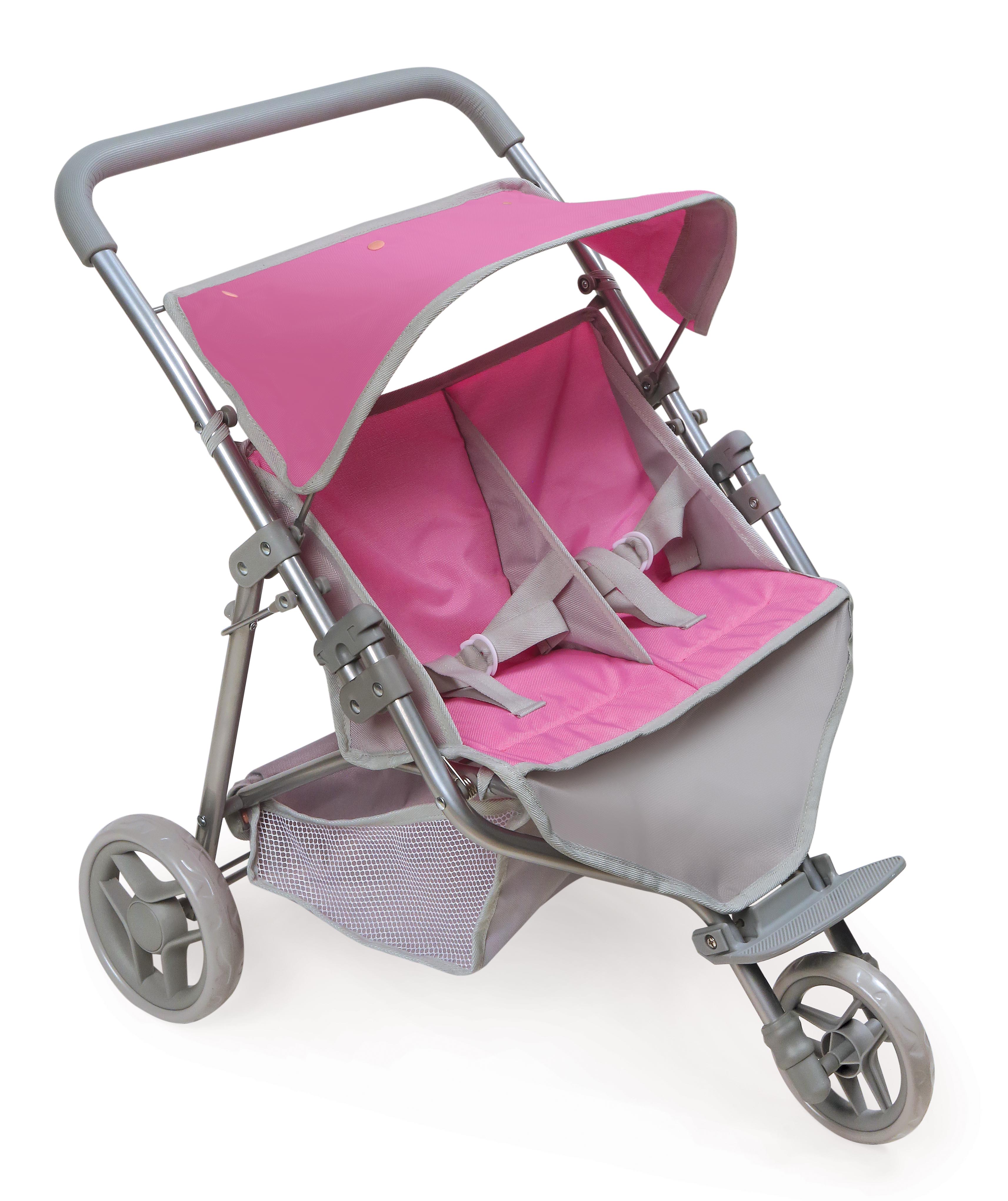 Trek 3-Wheel Folding Twin Doll Jogging Stroller - Gray/Pink