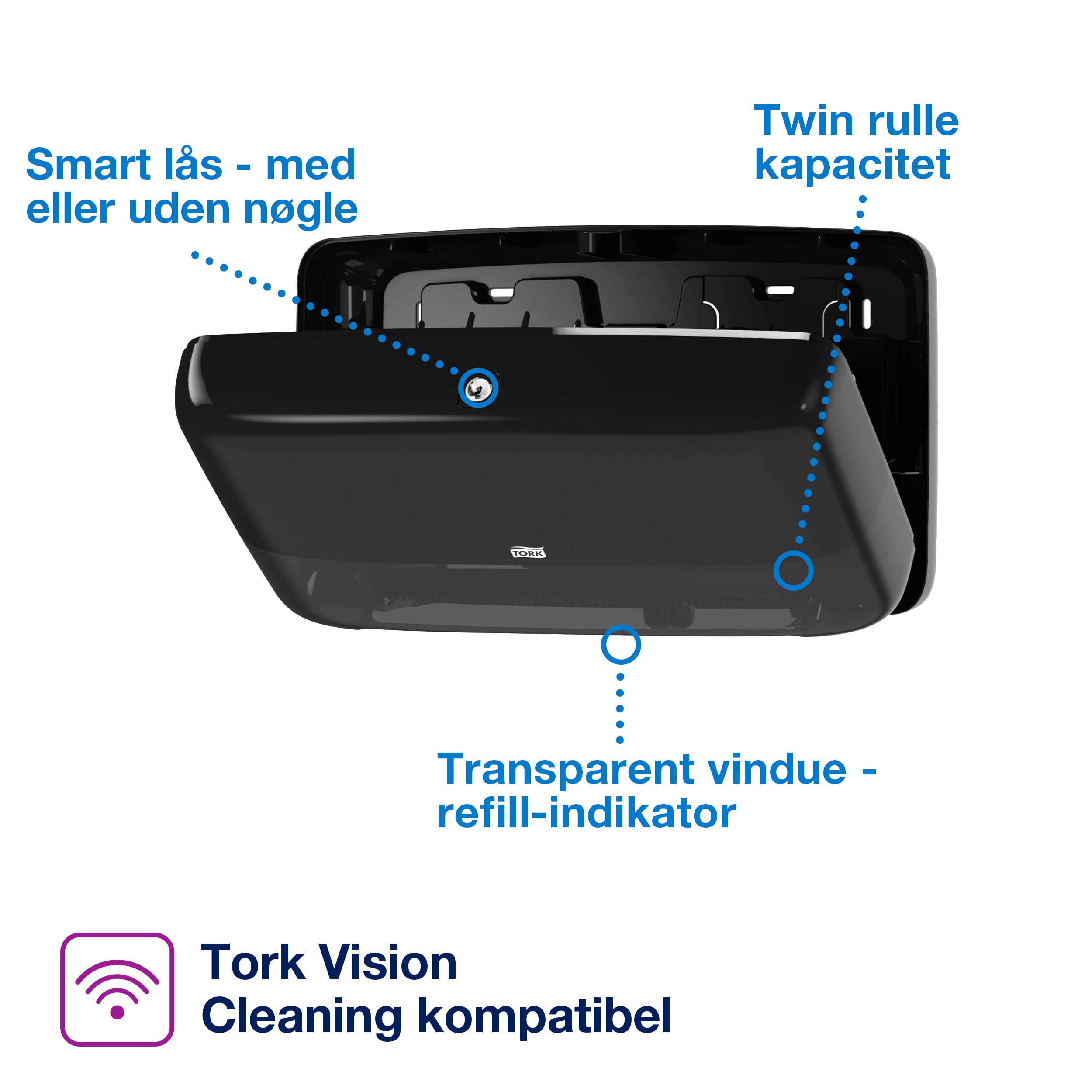 Toiletpapirdispenser, Til mini jumboruller, Udvendig oprulning, Sort, Tork Mini Jumbo Twin T2