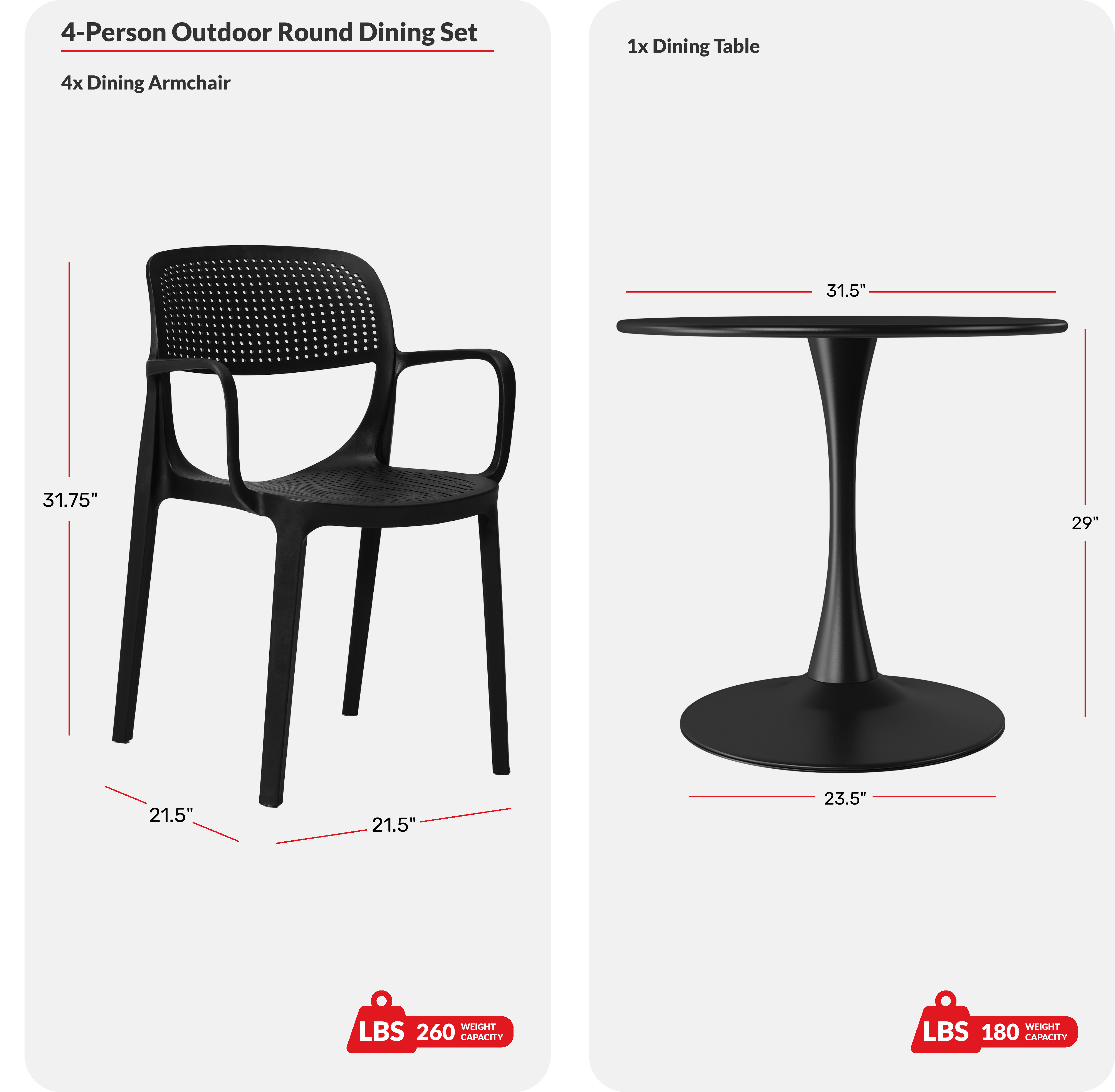 5-Piece Round Metal Bistro Dining Table Set And Stackable Resin Patio Dining Side Chairs COS Spec Image