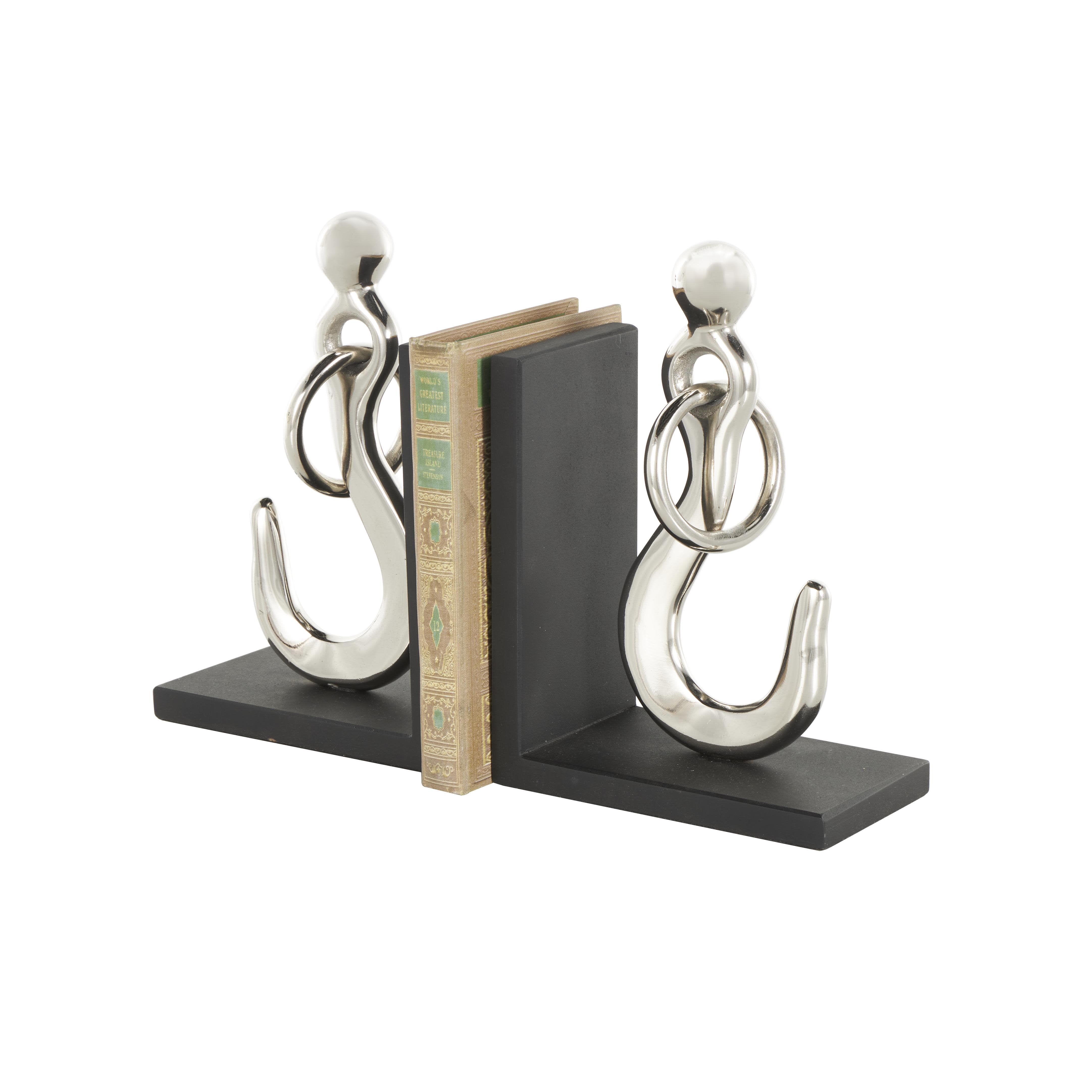 Silver Aluminum Metal Nautical Hook Decorative Bookends with Black Bases, Set of 2 7"W, 10"H