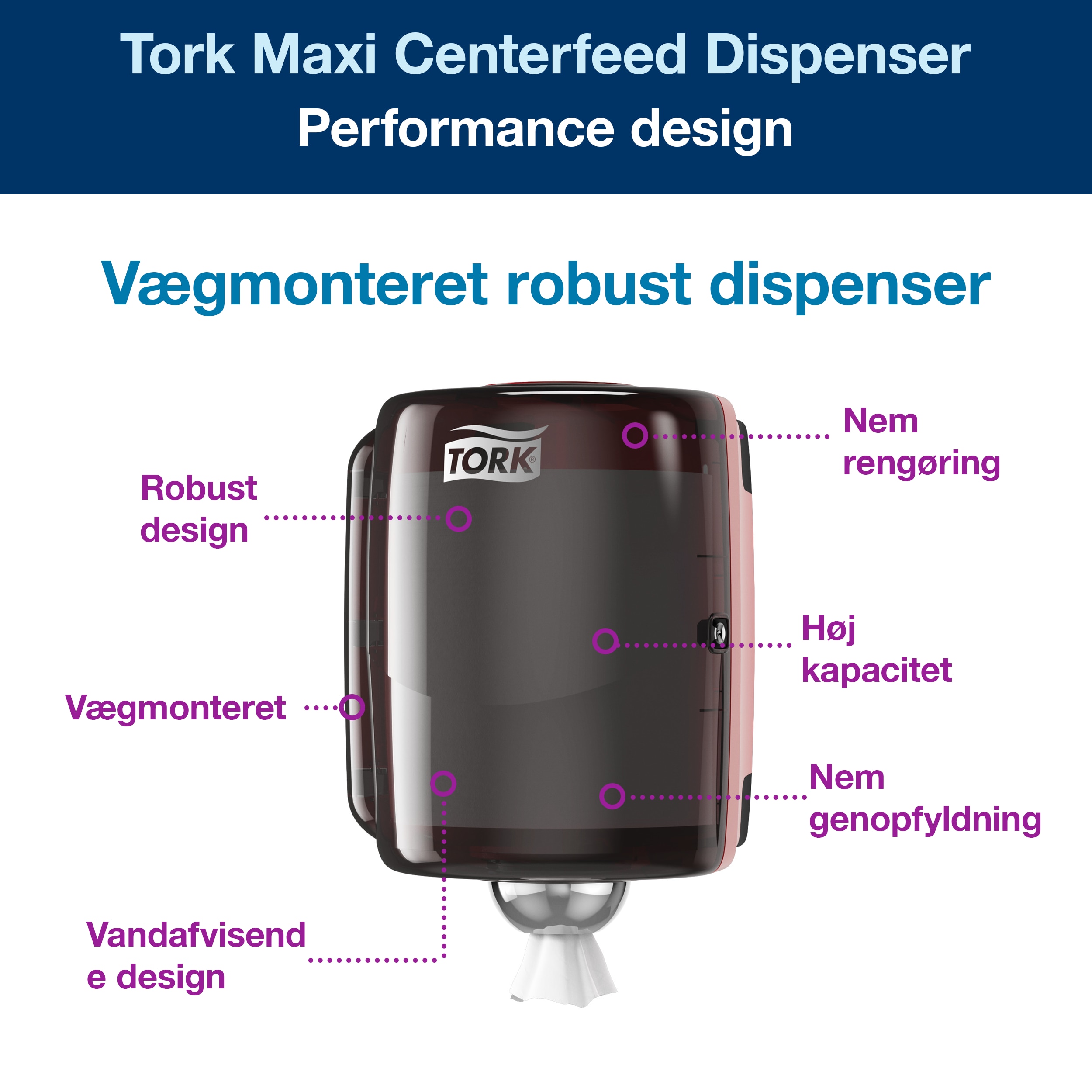 Aftørringsdispenser, Til aftørringsruller, Centerfeed, Sort-rød, Tork Performance W2