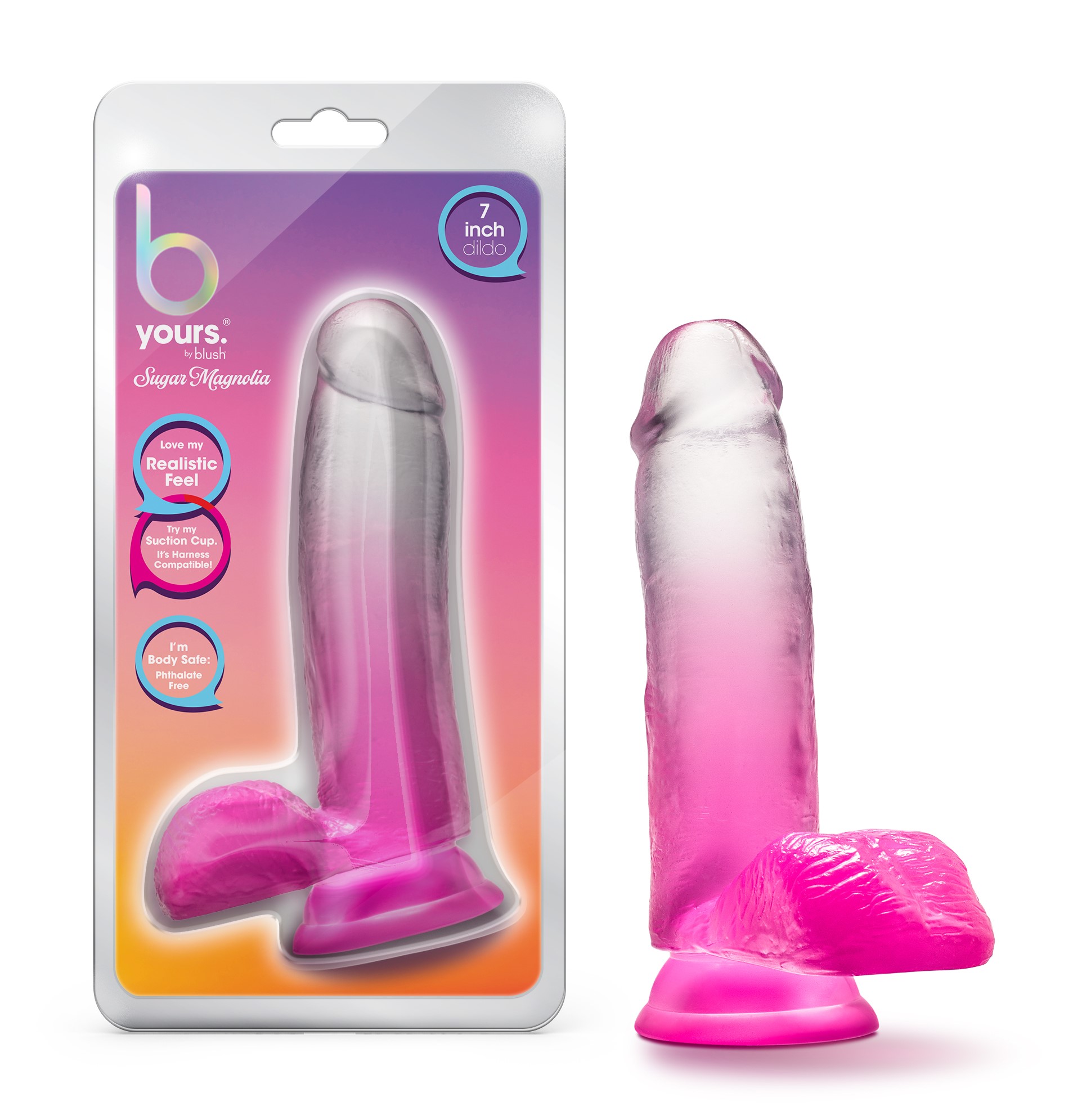 Blush B Yours Sugar Magnolia Realistic Fuchsia 6.75-Inch Long Dildo With Balls & Suction Cup Base