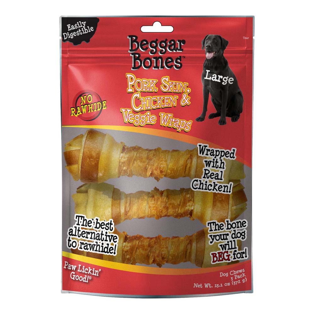Savory Prime Beggar Bones Pork Skin; Chicken and Veggie Wraps Dog Treats 13.1 oz 3 Pack