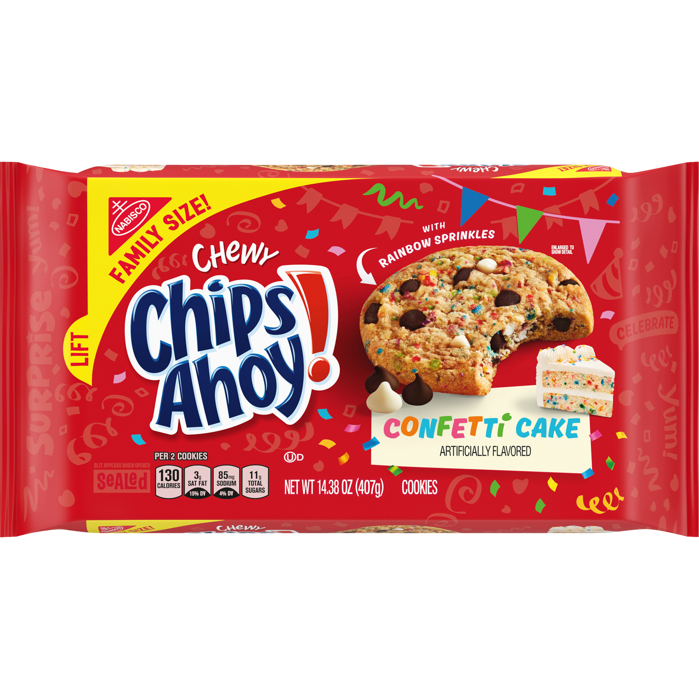 CHIPS AHOY! Chewy Confetti Cake Chocolate Chip Cookies with Rainbow Sprinkles, Birthday Cookies, Family Size, 14.38 oz-thumbnail-1