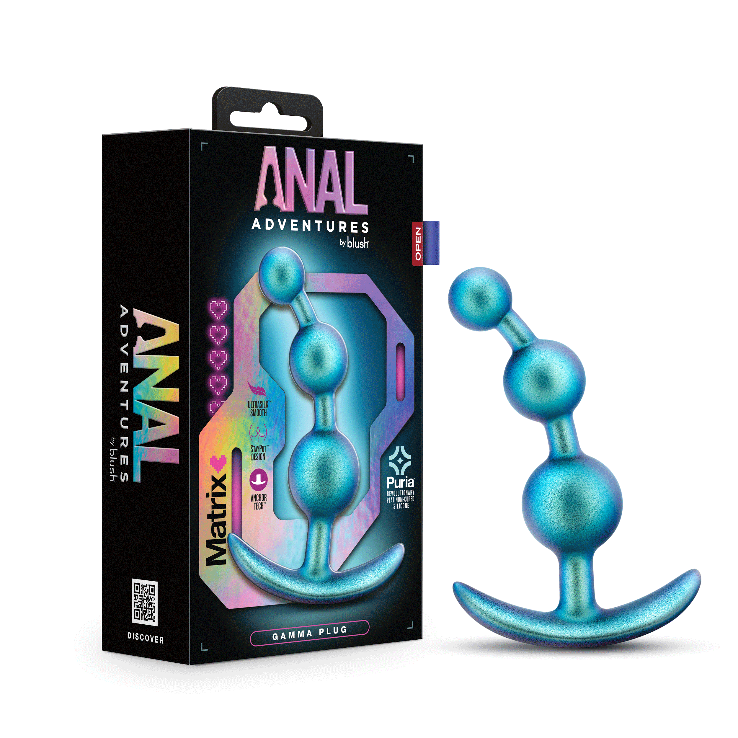 Blush Anal Adventures Matrix / The Gamma Plug: 5 inch Curved Beaded Butt Plug in Neptune Teal / With Stayput? Technology & AnchorTech? Base