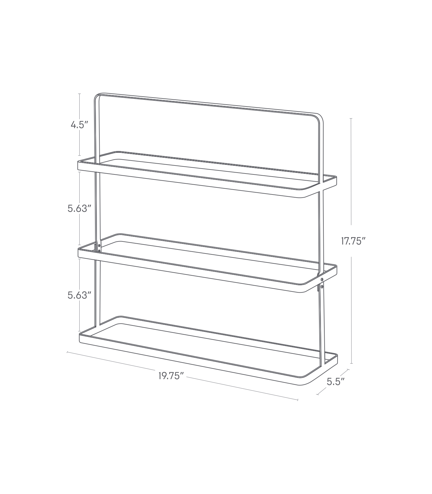 TOWER Shoe Rack. Size: Short. 17.75 inches tall, 19.75 inches long, 5.5 inches wide. Handle 4.5 inches tall, tiers 5.63 inches apart.
