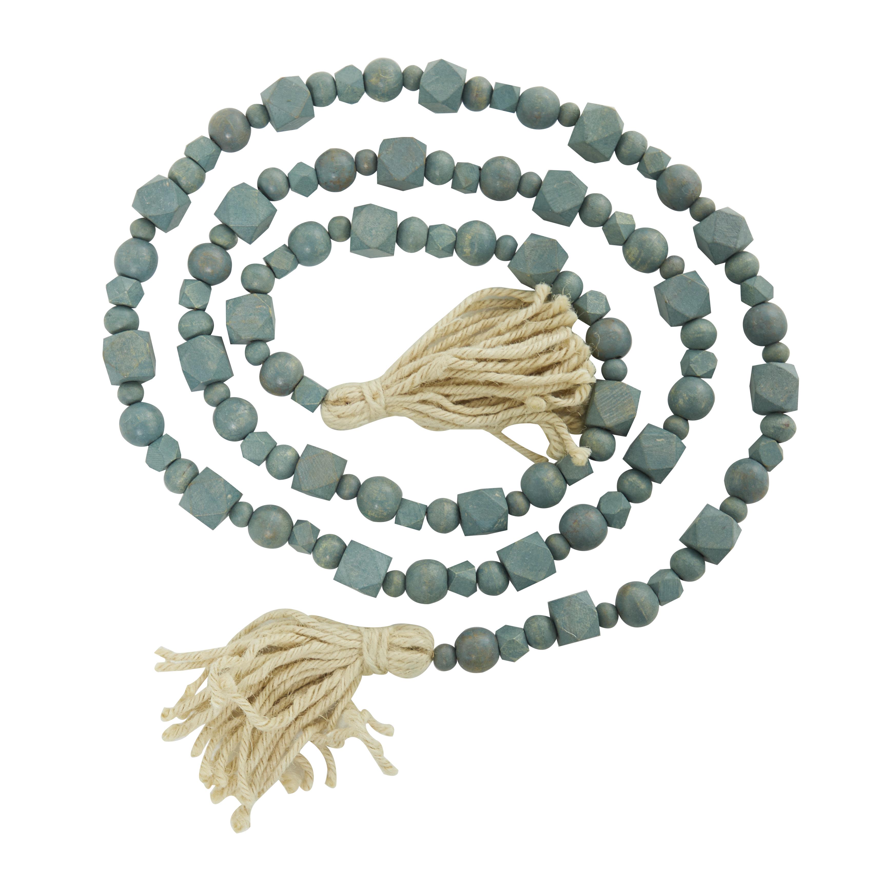 Blue Mango Wood  Handmade Hexagon Carved Geometric Long Beaded Garland with Tassel, 80" x 1" x 1"