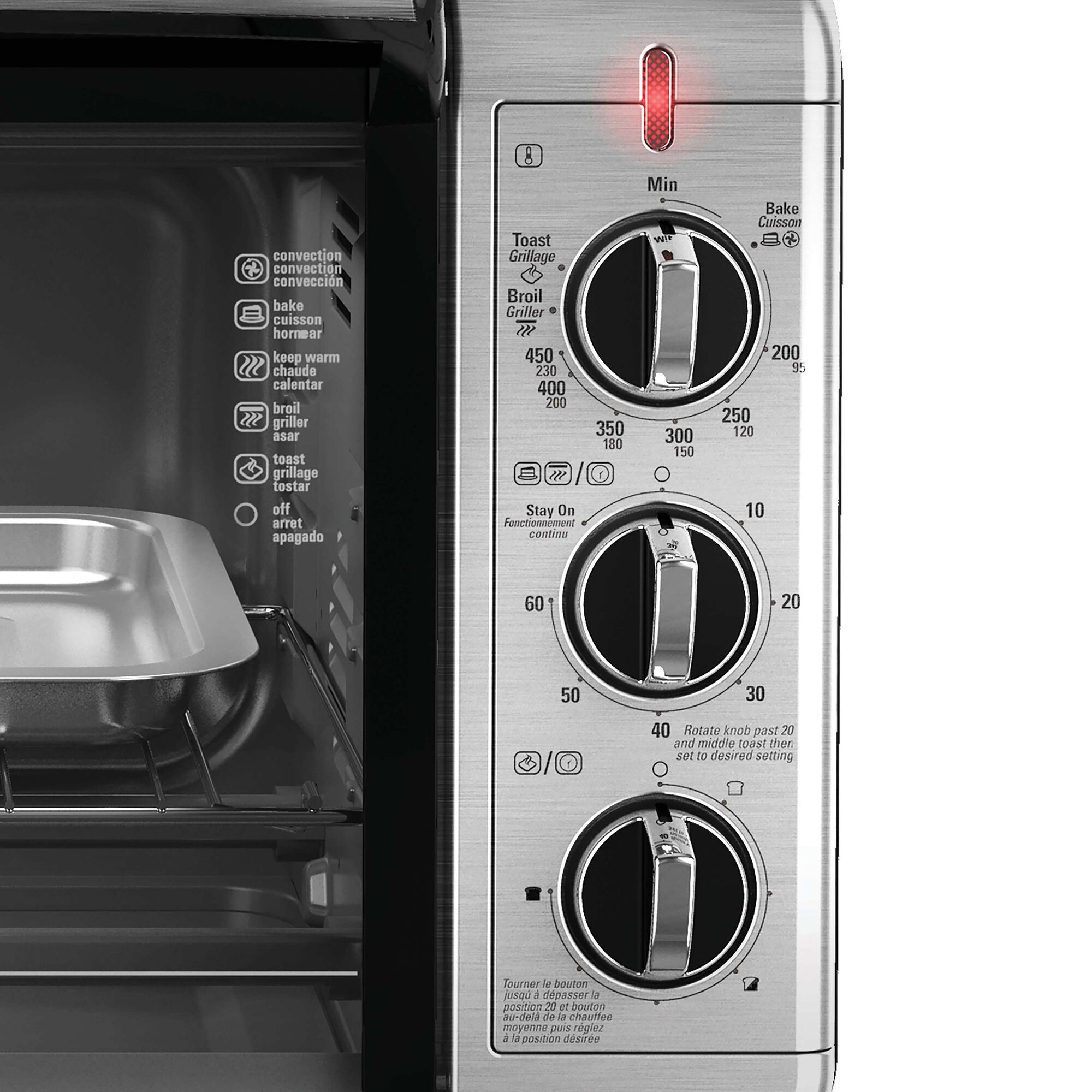 Dual timer in 6 slice convection countertop toaster oven.