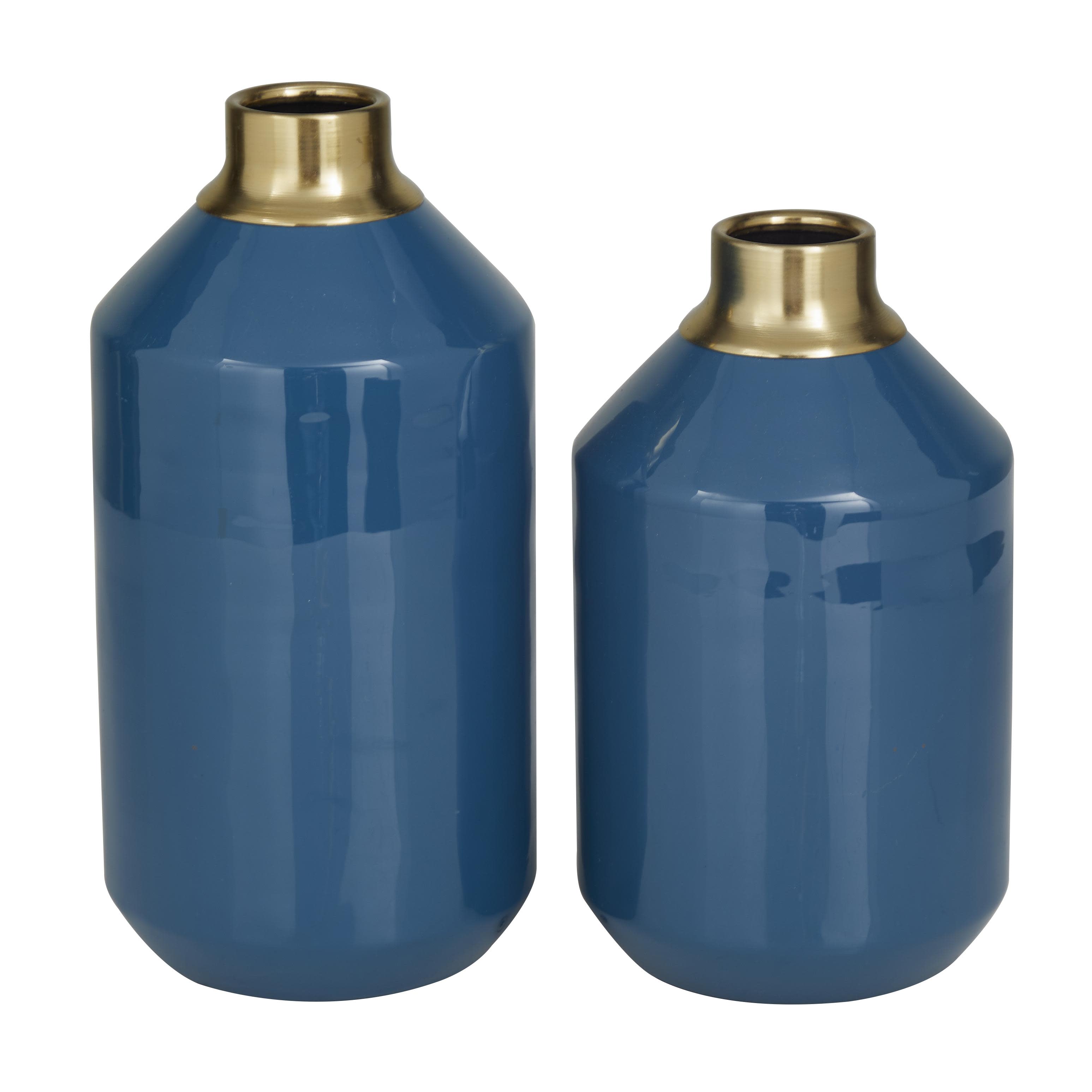 The Novogratz Blue Metal  Decorative Vase with Gold Rims, Set of 2 10", 8"H