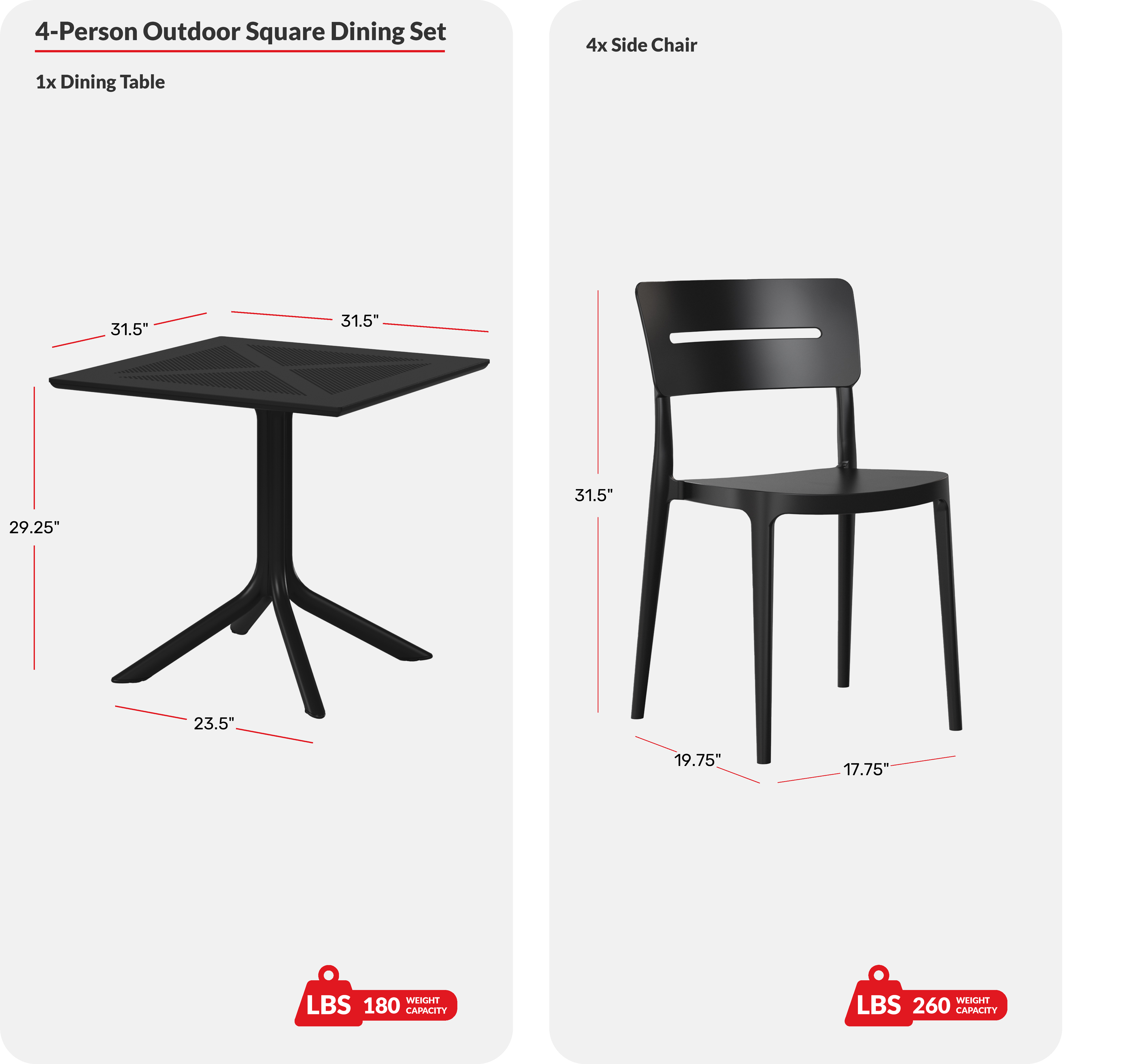 Modern 5-Piece Resin Patio Dining Table Set with Stackable Patio Dining ChairsCOS Spec Image