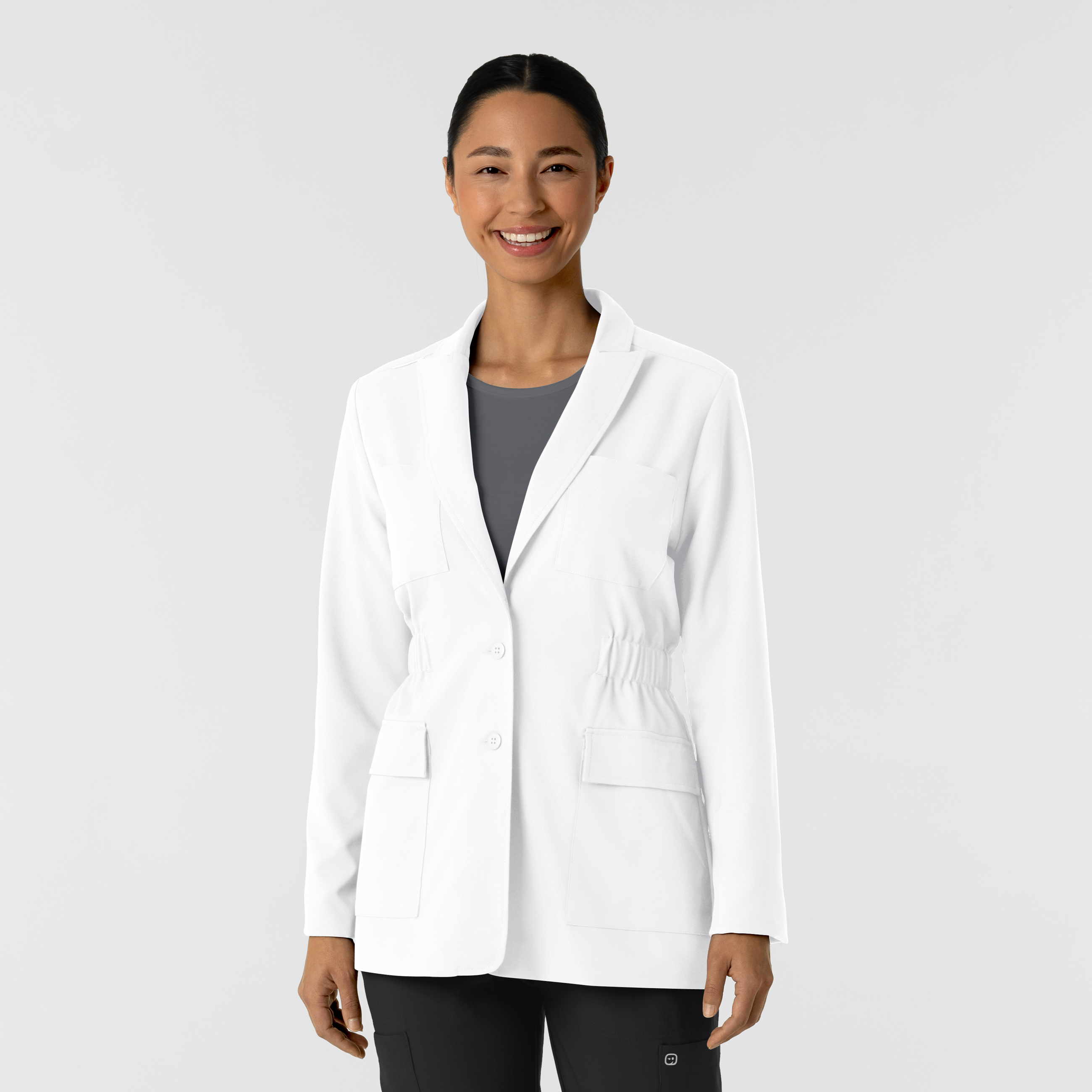 Layers 8166 Wink Women‘s 28‘‘ 2-Button 4-Pocket Sustainable Blazer Style Lab Coat with Badge Loop and Tailored Fit-Wonder Wink