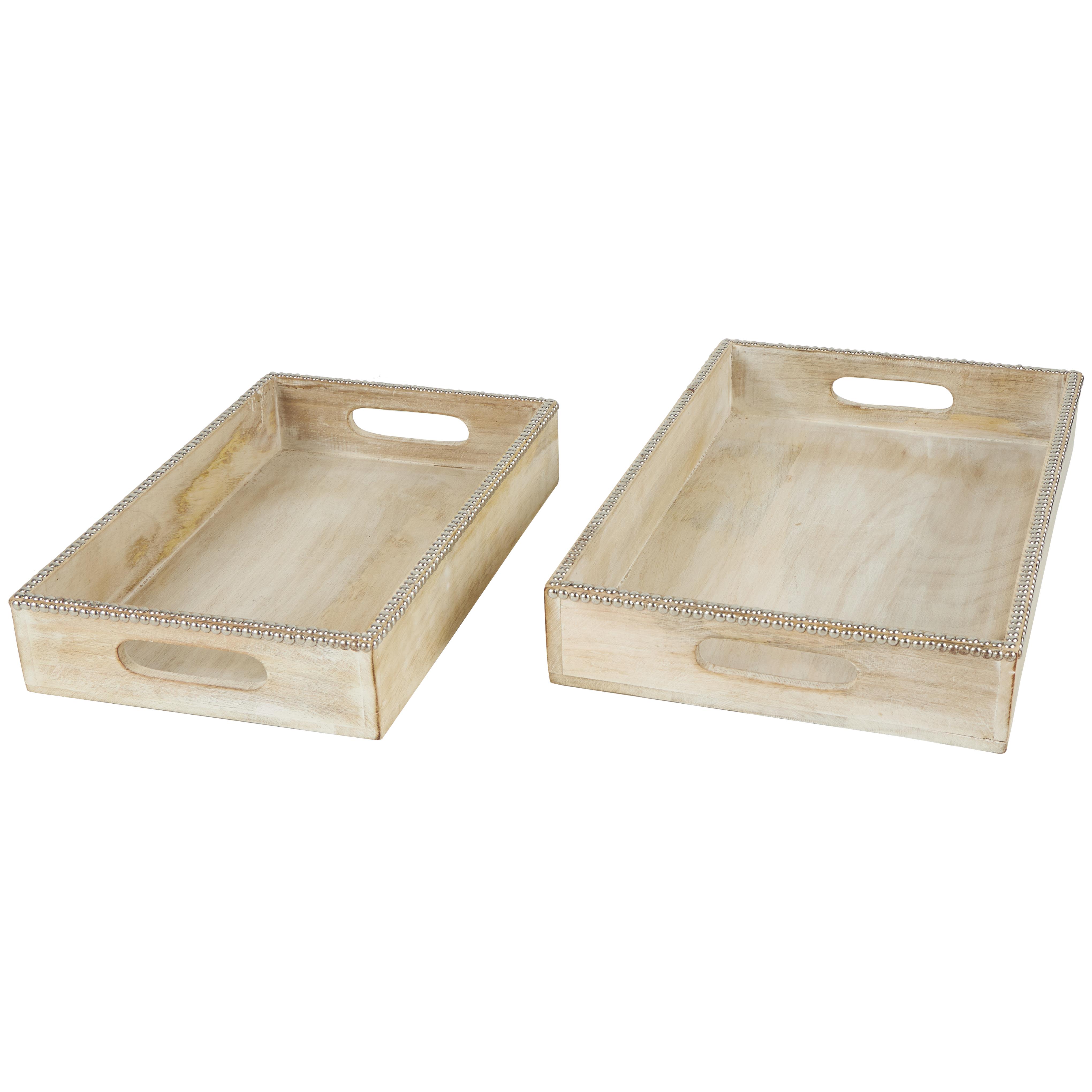 Light Brown Mango Wood  Living Room Decor Tray with Silver Beaded Rim, Set of 2 19", 16"W