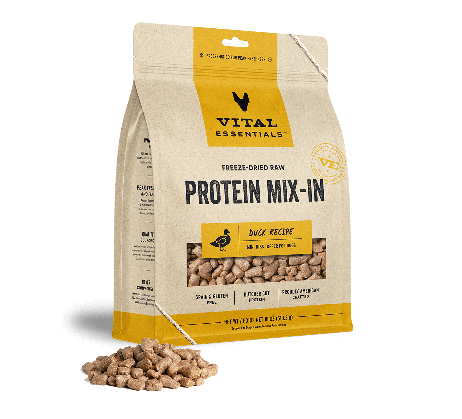 Vital Essentials Freeze-Dried Raw Protein Mix-In Duck Recipe Mini Nibs Topper for Dogs, 18 oz - Treats