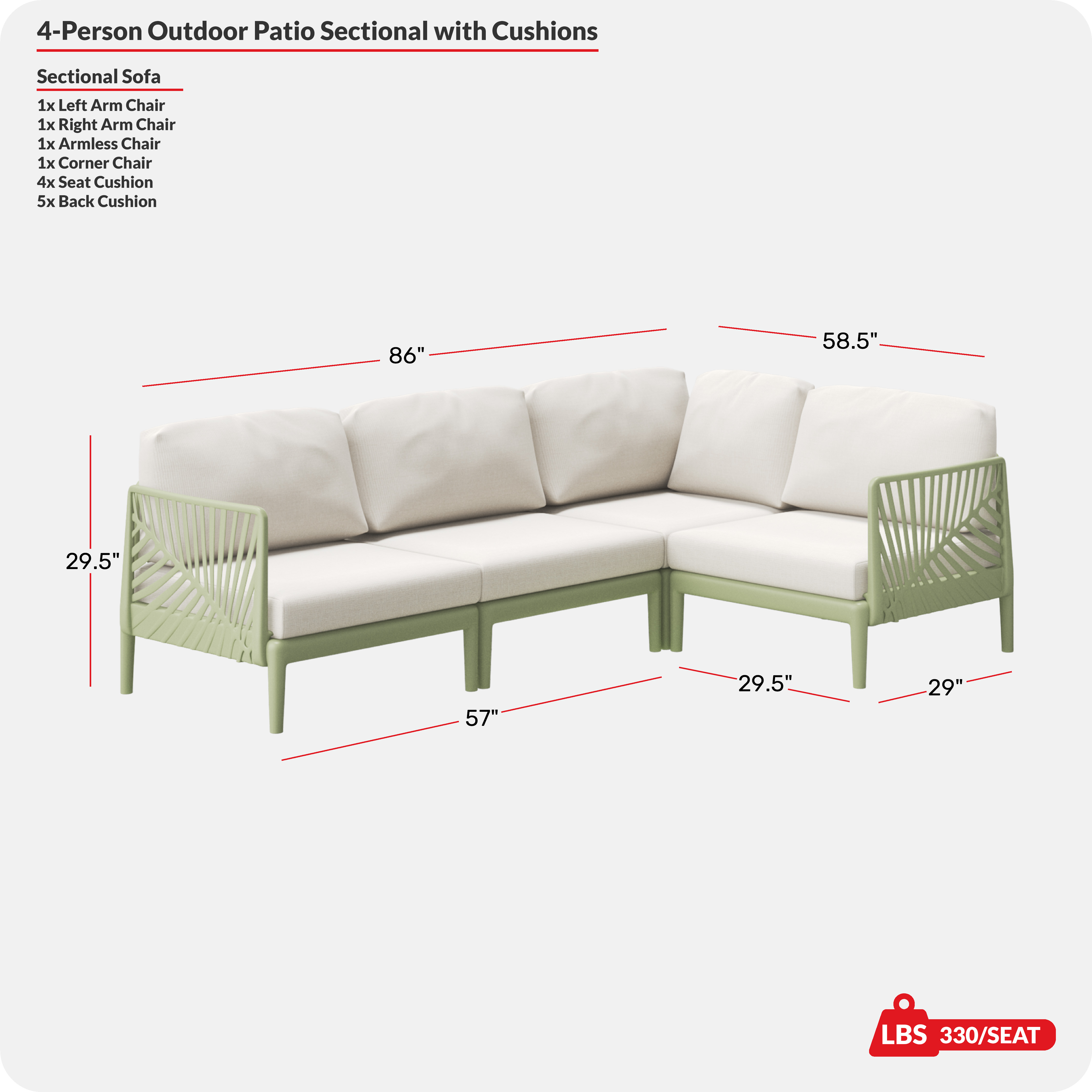 Modern 4-Piece Polypropylene Resin Modular L Shaped Patio Furniture SectionalCOS Spec Image