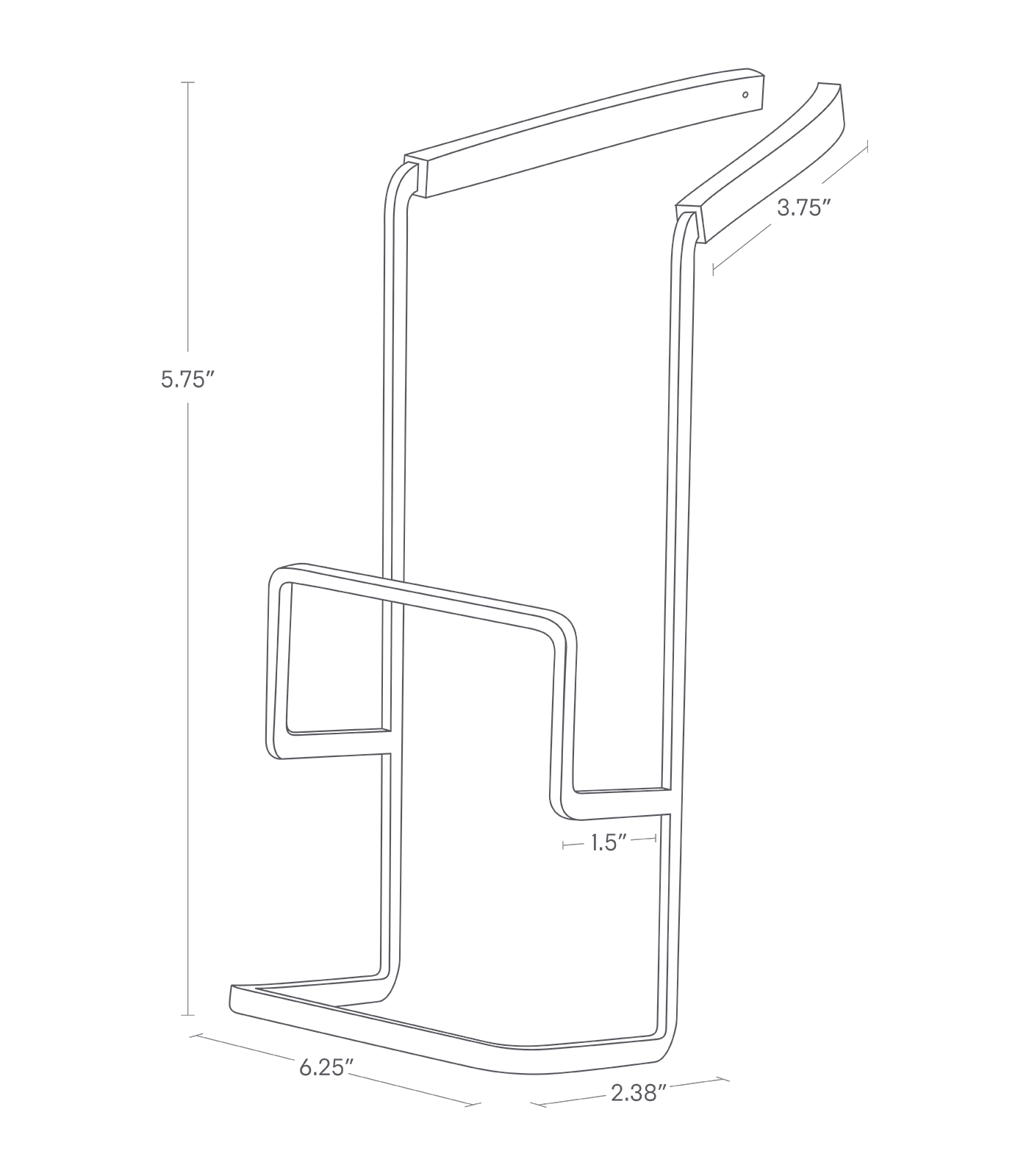 Dimension image for Faucet-Hanging Sponge Holder showing total height of 5.75", length of 2.38", width of 6.25", 1.5" of the sponge holder depth and 3.75" of th labber parts