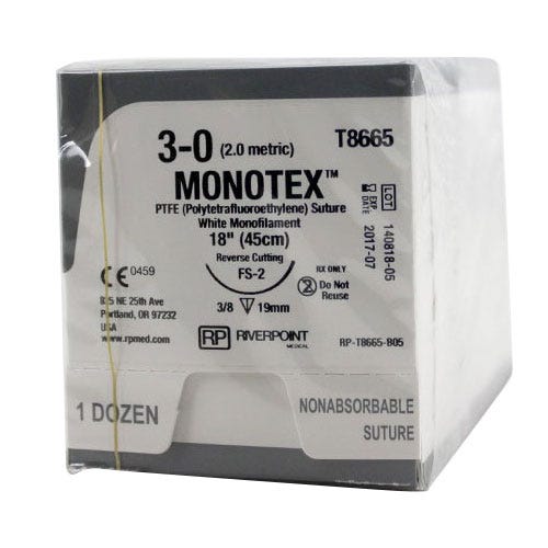 MONOTEX® PTFE (Polytetrafluoroethylene) White Monofilament Non-Absorbable Sutures, 3-0, FS-2, Reverse Cutting, 18" - 12/Box