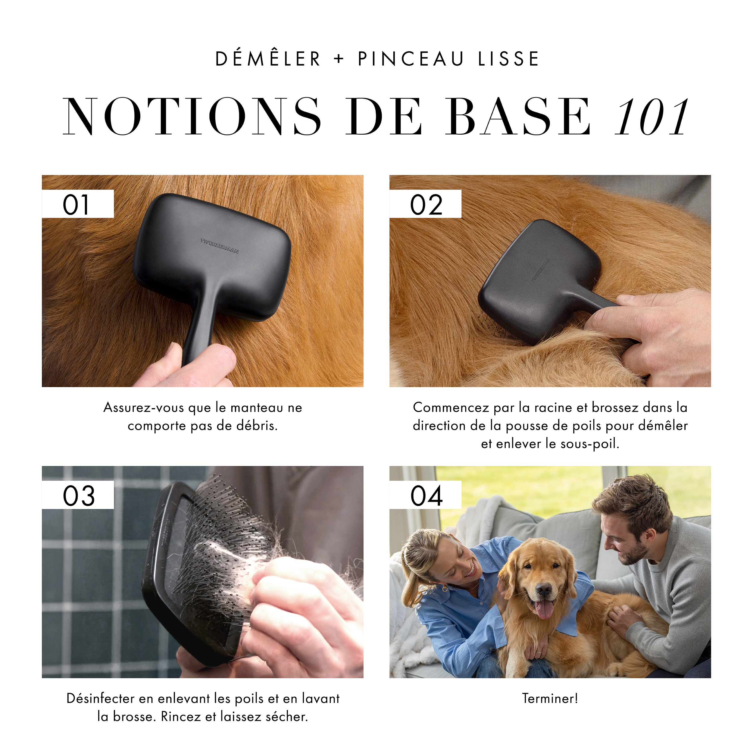 La brosse est parfaite pour tous les types de poils de chien et de chat, y compris lisse et court, poil armature, bouclé, soyeux et long, ainsi qu’un poil double
