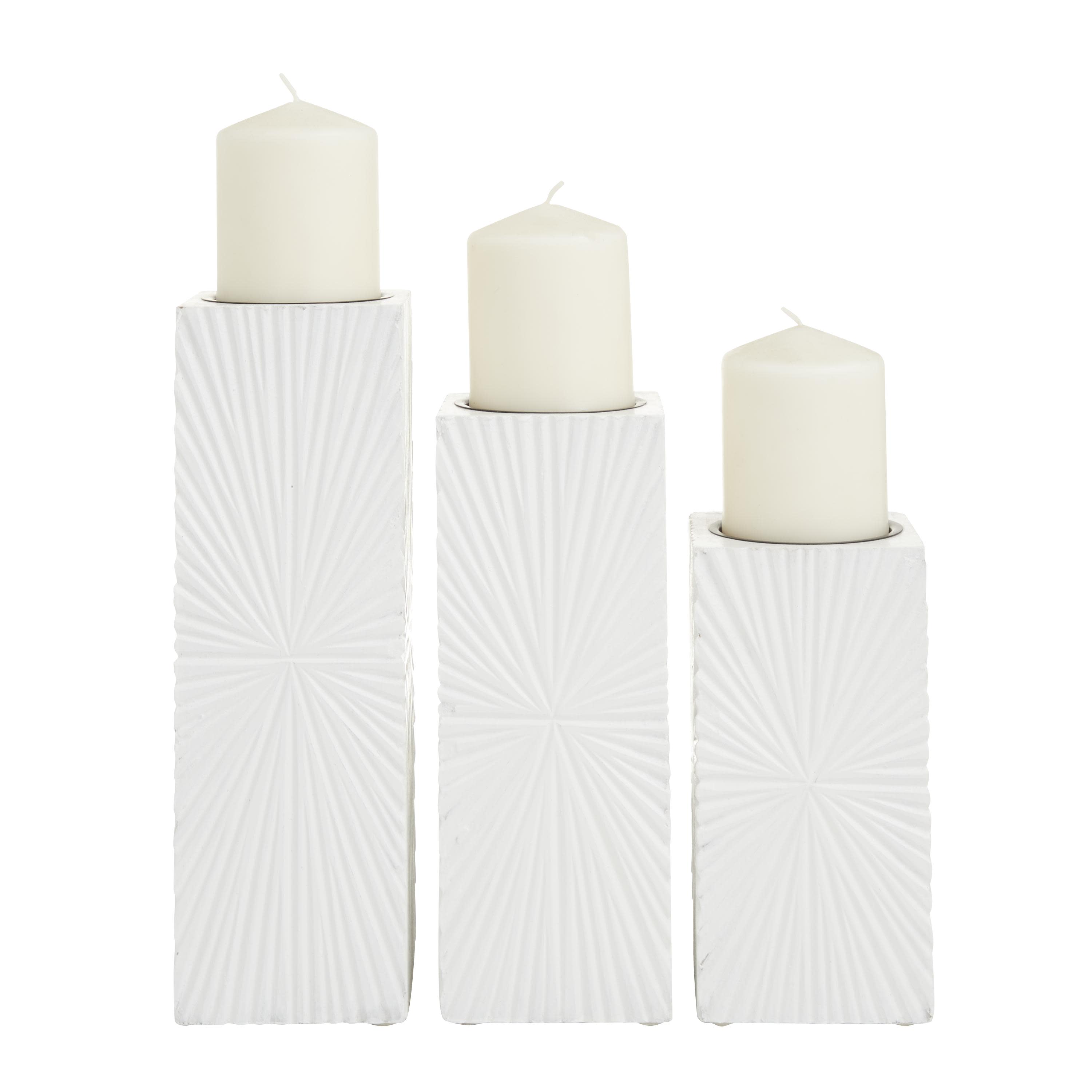 CosmoLiving by Cosmopolitan White Wooden Geometric Carved Pillar Decorative Candle Holder, Set of 3 12", 10", 8"H
