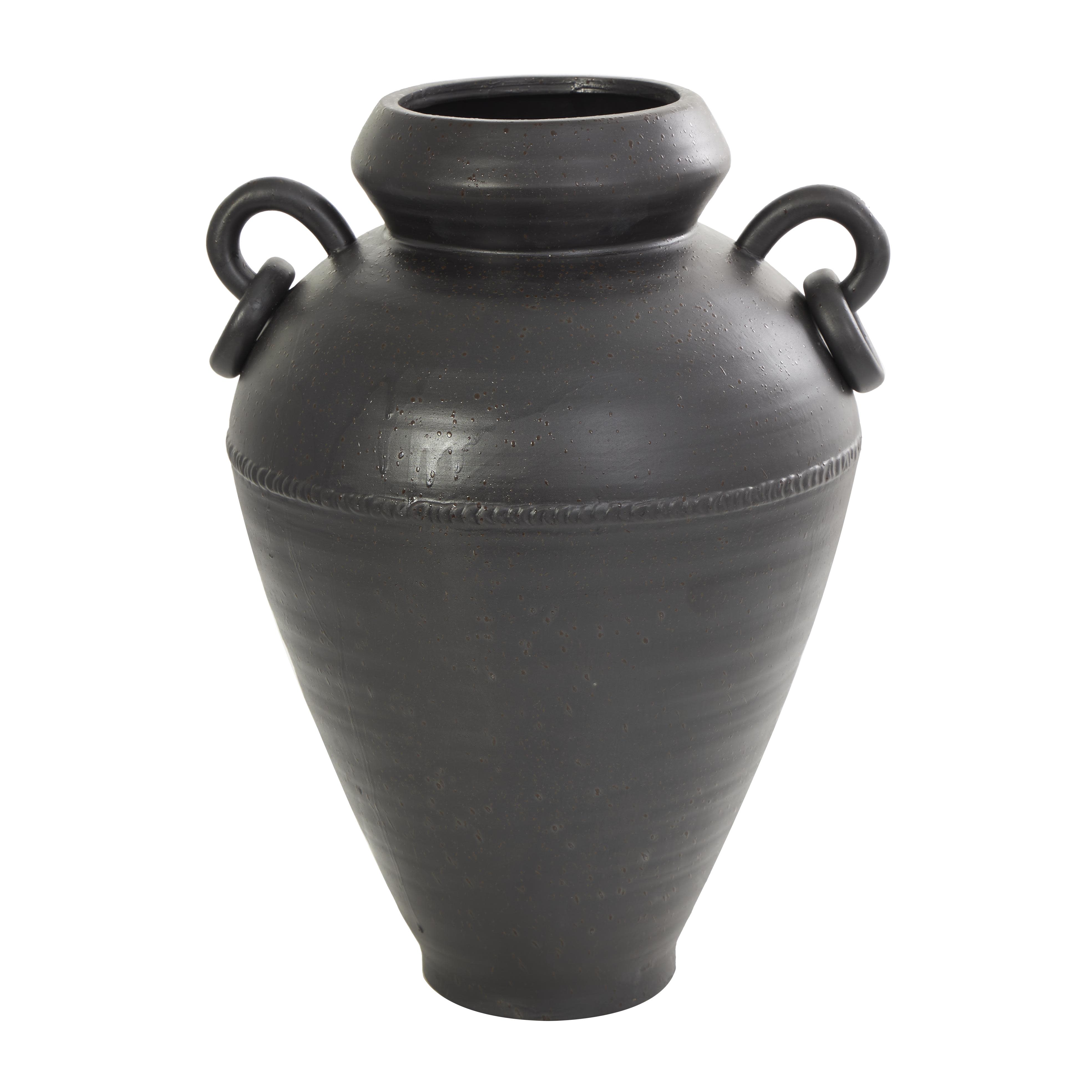 Black Ceramic  Amphora Decorative Vase with Speckled Texture and Ring Handles, 10" x 11" x 15"