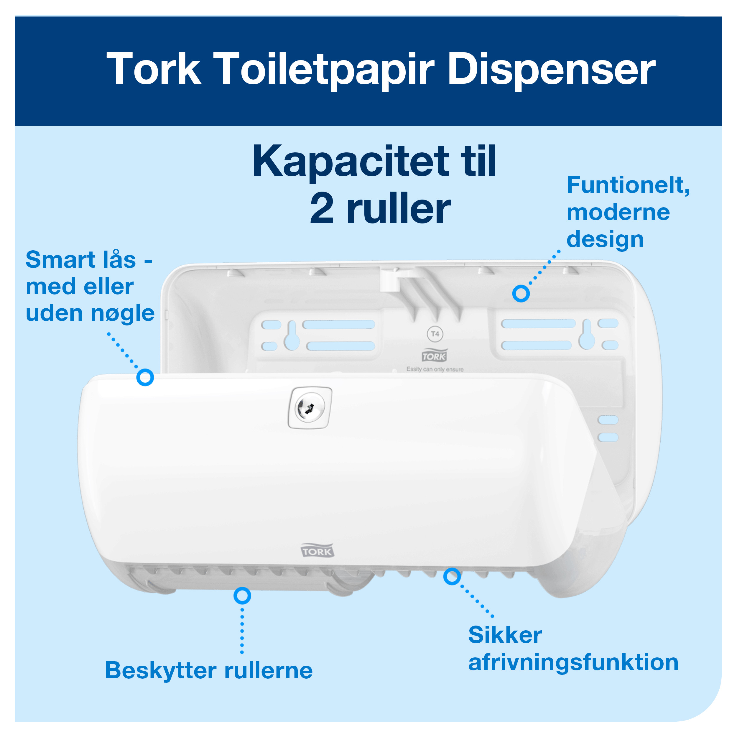 Toiletpapirdispenser, Til 2 ruller, Udvendig oprulning, Hvid, Tork Twin T4