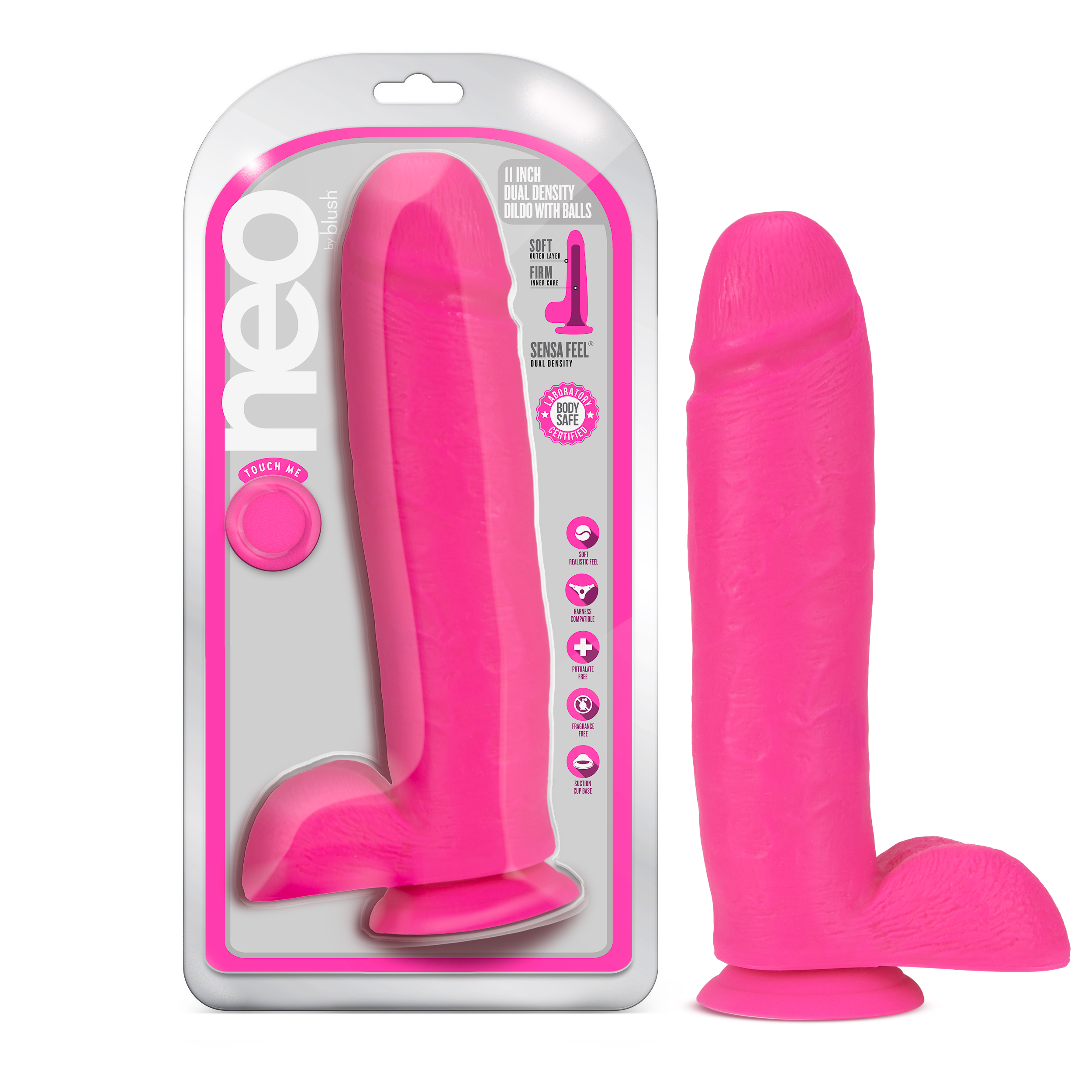 Blush Neo Realistic Neon Pink 11-Inch Long Dildo With Balls & Suction Cup Base