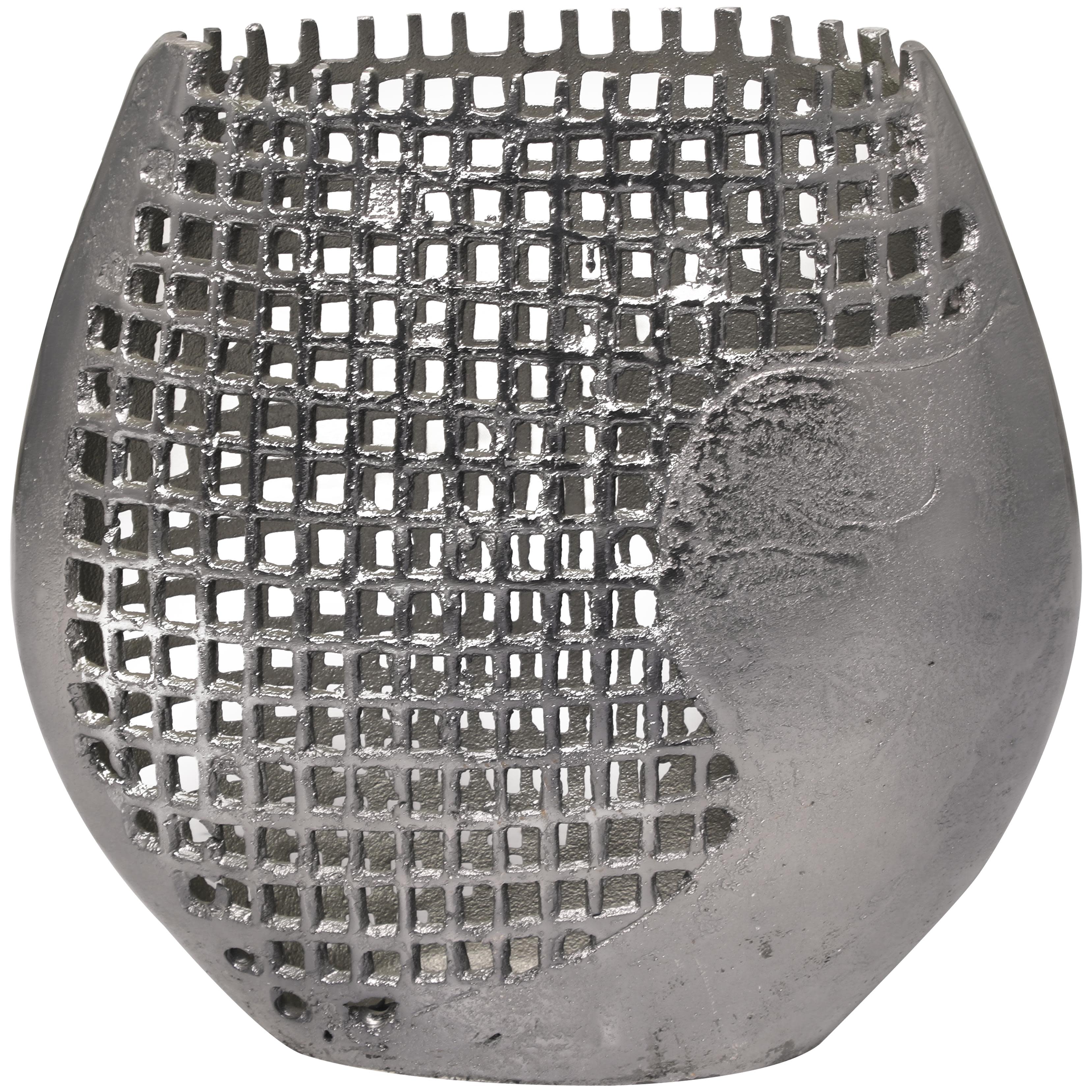 Dark Gray Aluminum Metal Abstract Grid Inspired Decorative Vase with Open Frame Design, 13" x 5" x 12"