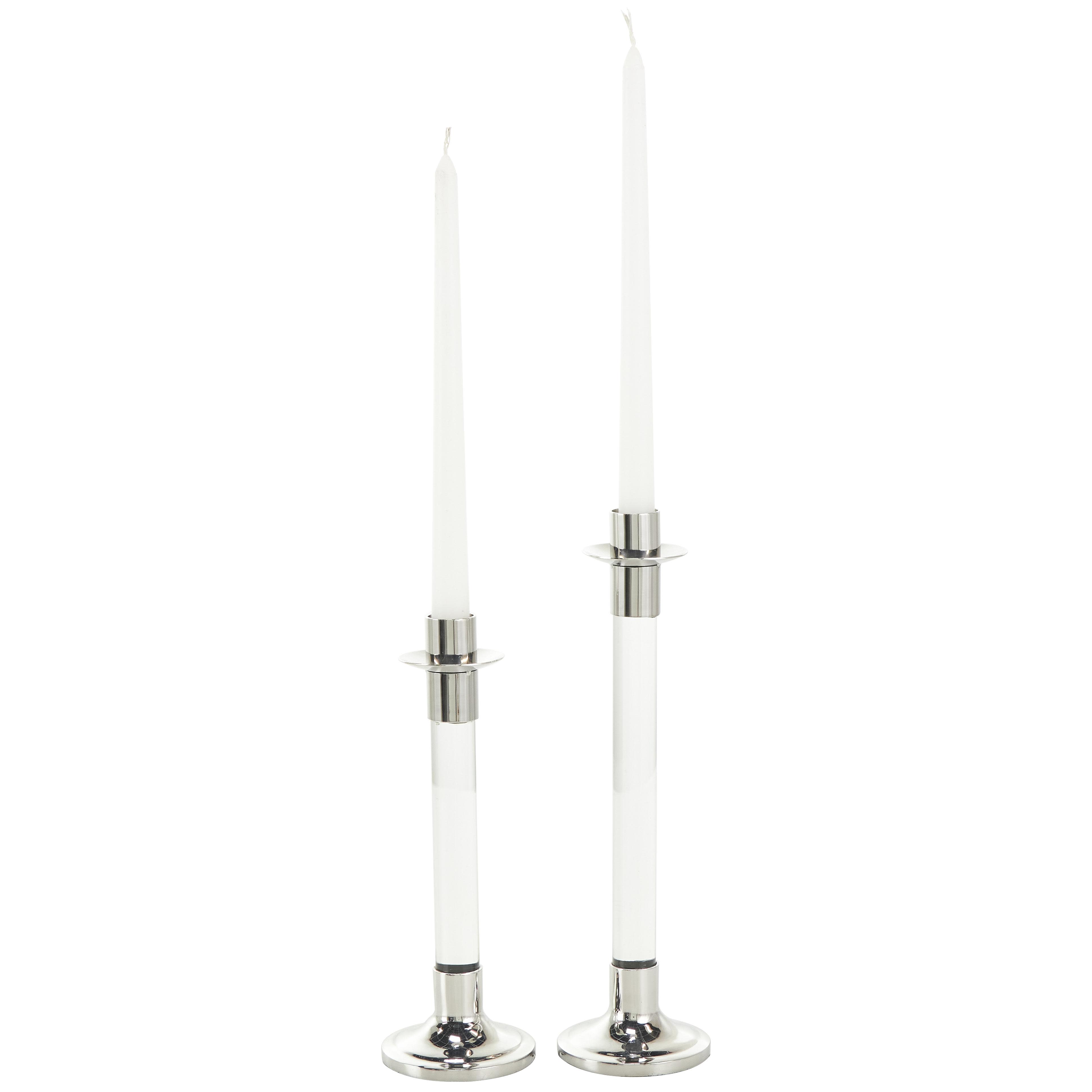 Silver Stainless Steel Metal  Decorative Candle Holder with Clear Glass Center, Set of 2 11", 9"H