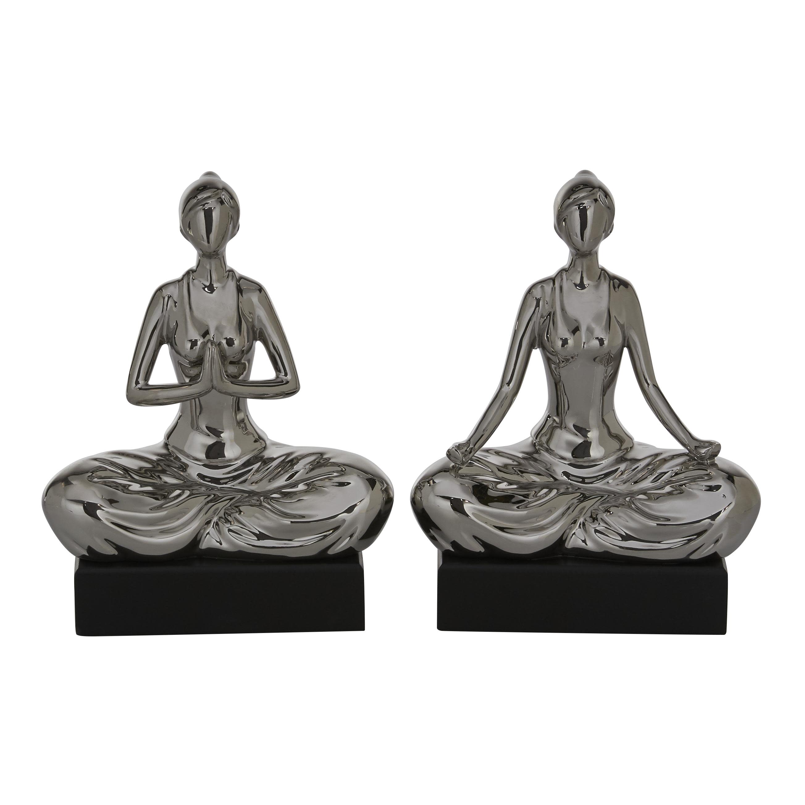Silver Porcelain Ceramic Yoga Decorative Sculpture, Set of 2 7"W, 9"H