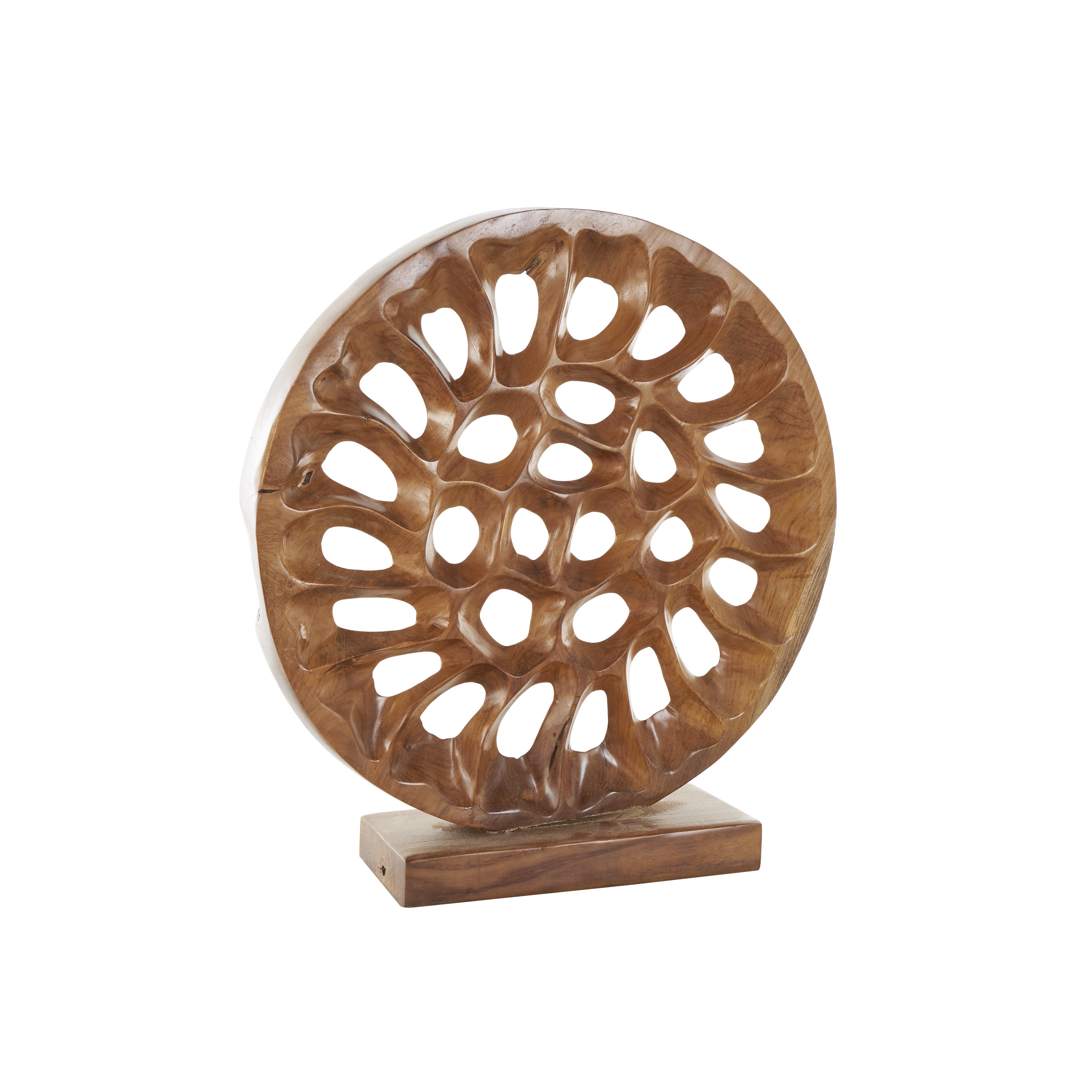 Brown Teak Wood Abstract Handmade Circular Cutout Decorative Sculpture, 20" x 6" x 21"