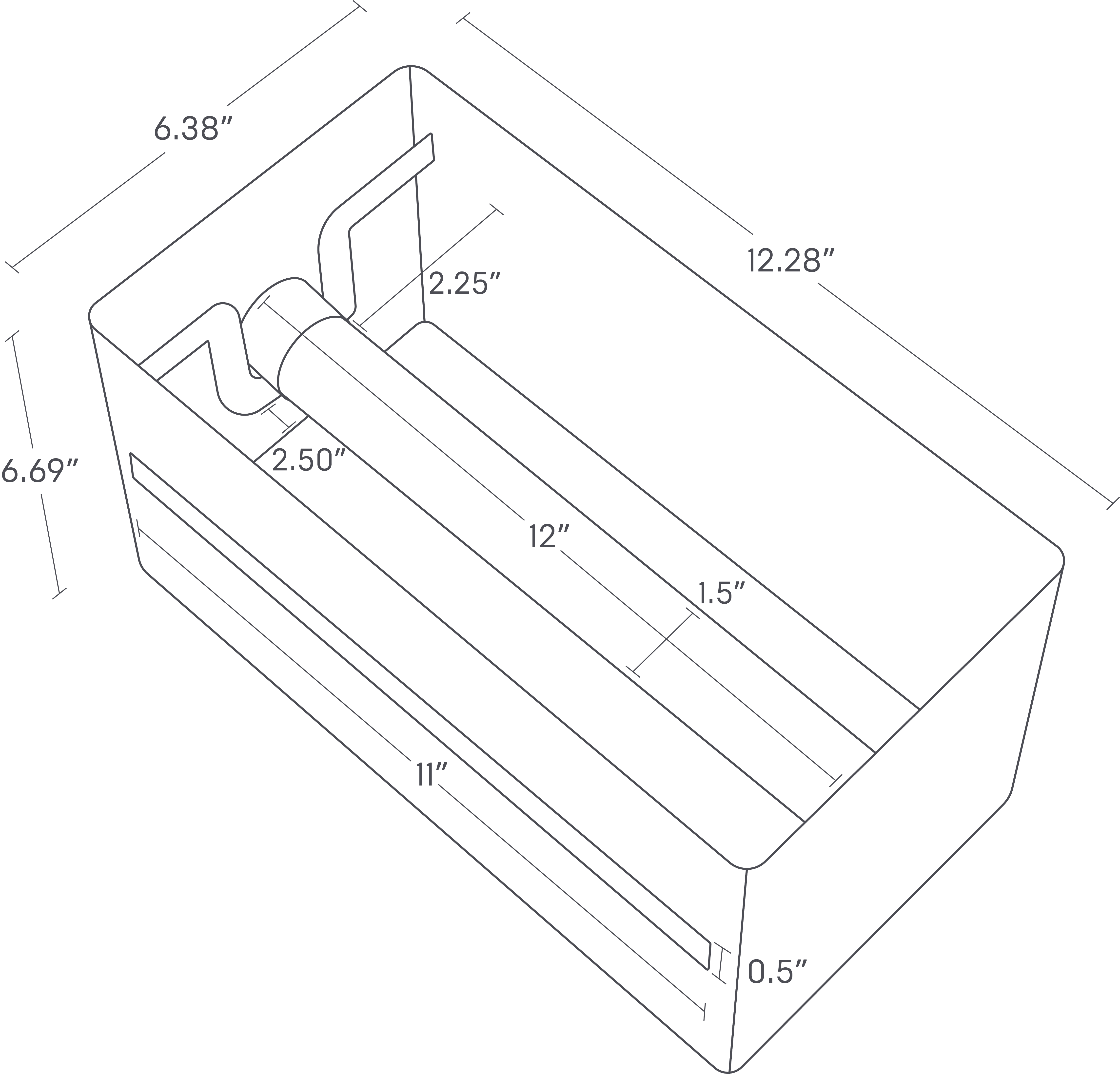 Yamazaki Home Paper Towel Dispenser with dimensions: width is 6.38", depth is 12.28", and height is 6.69". The front slot width is 11". The rod length is 12", and its diameter is 1.5". The mounting bracket extends 2.25", and the rod support is 2.50". The thickness of the opener is 0.5".