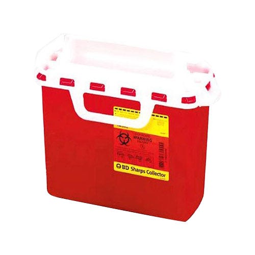 Each - Sharps Collector for Patient Room, 5.4 Quart, Red w/Horizontal Entry, 10.75" x 10.75" x 4"