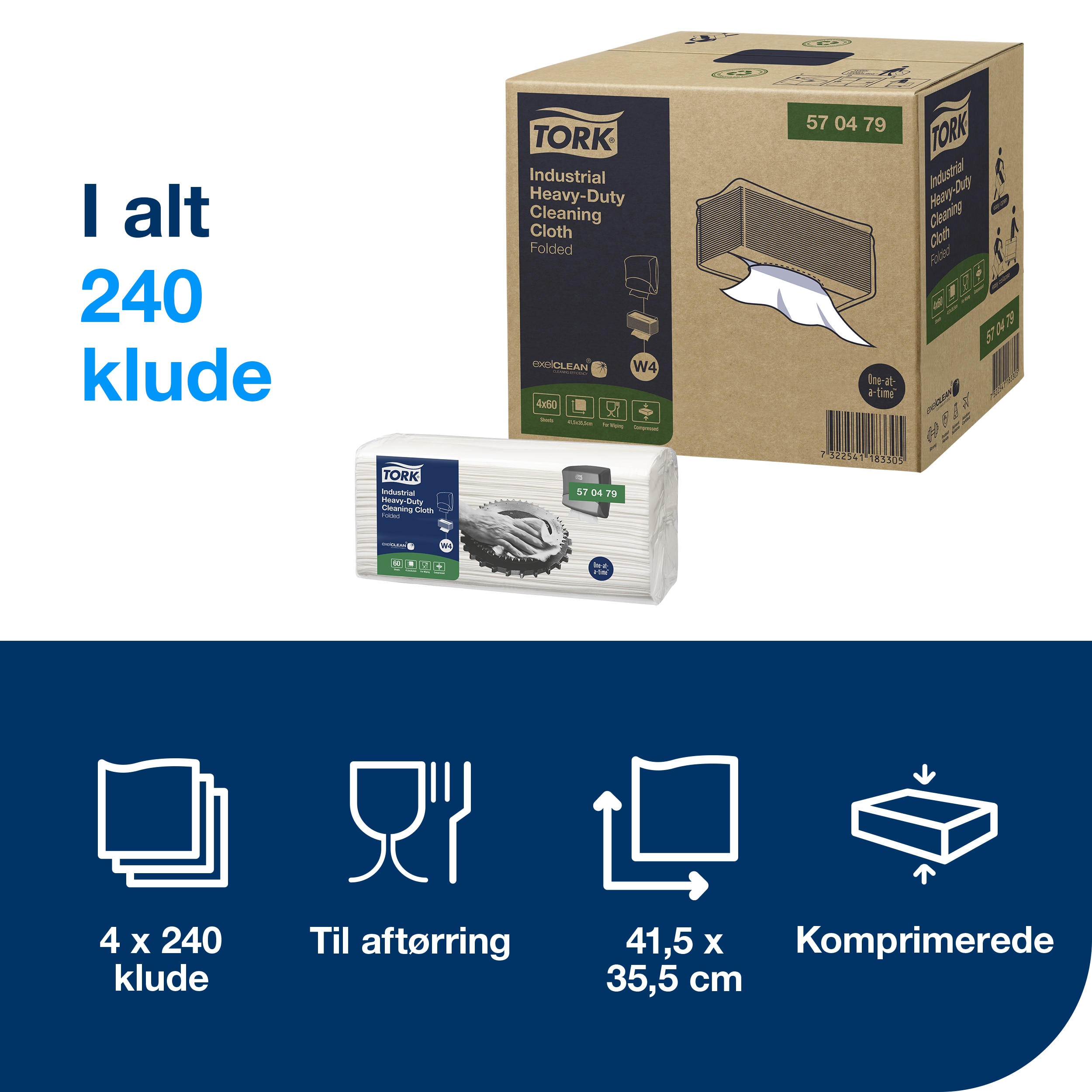 Aftørringsklud, Industri, Hvid, 240 klude, Tork Ekstra Kraftig W4