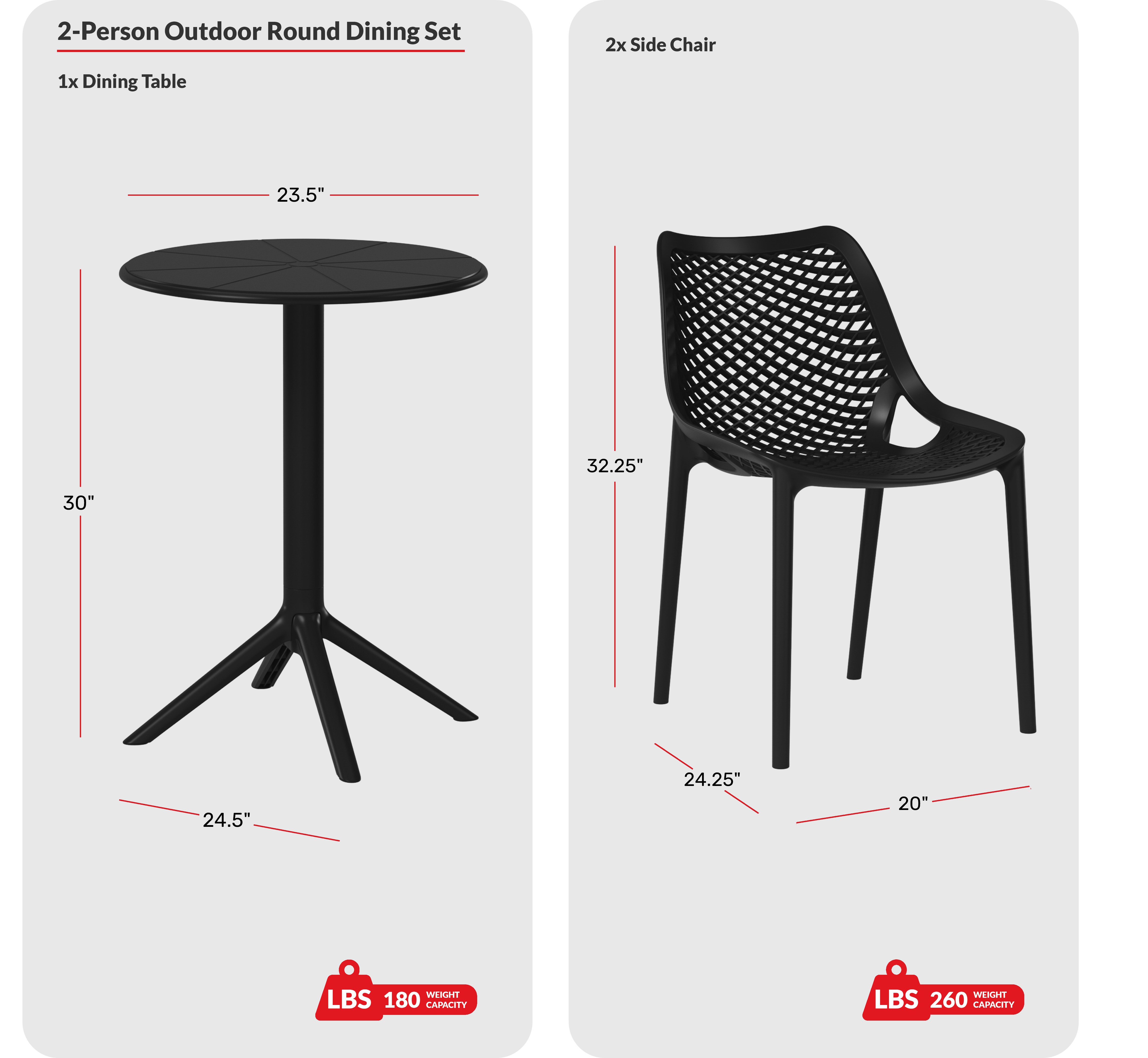 3-Piece Outdoor Resin Patio Bistro Set with Stackable Patio Dining Side ChairsCOS Spec Image