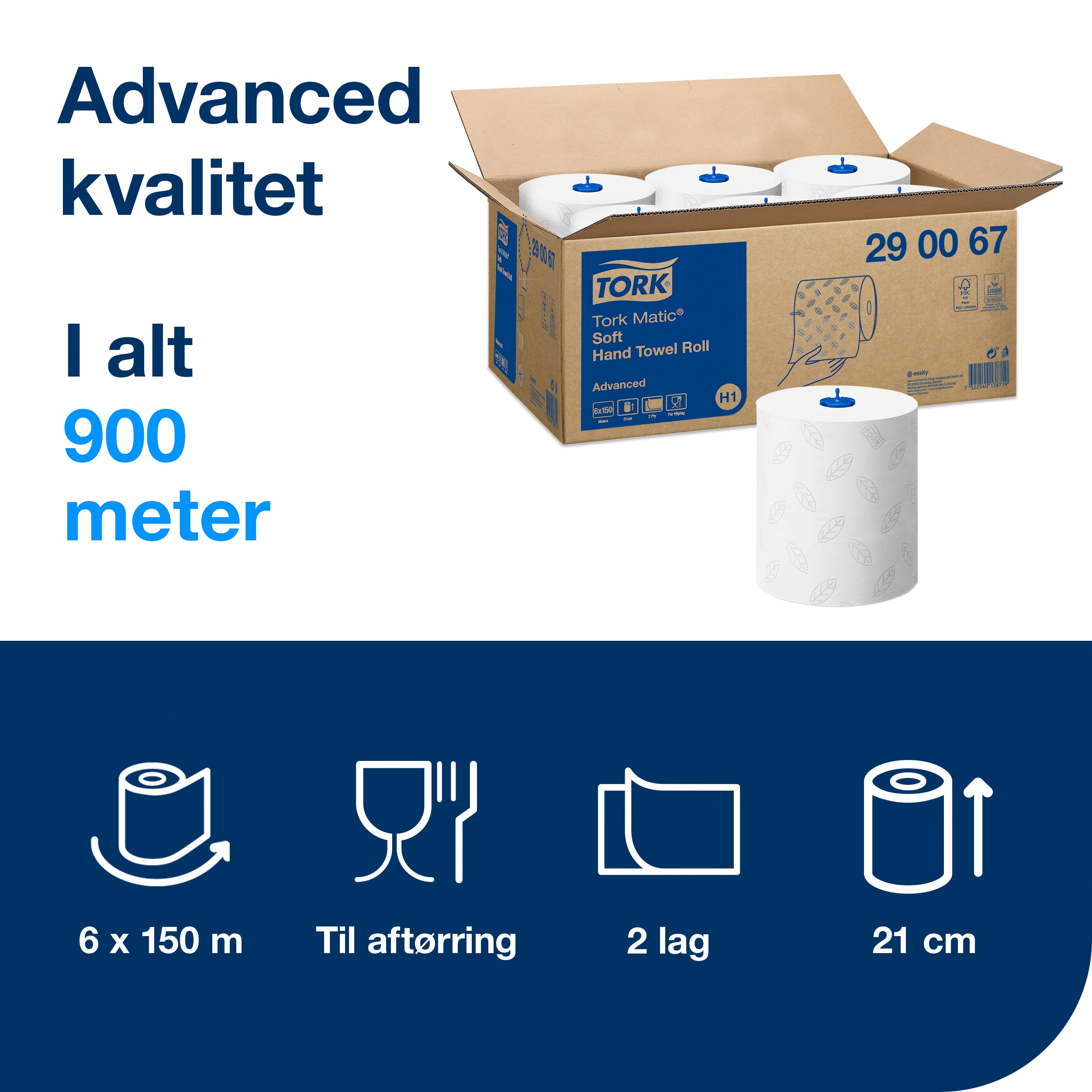 Håndklæderulle, Hvid, Udvendig oprulning, 2 lag, 6 ruller, Tork Matic H1